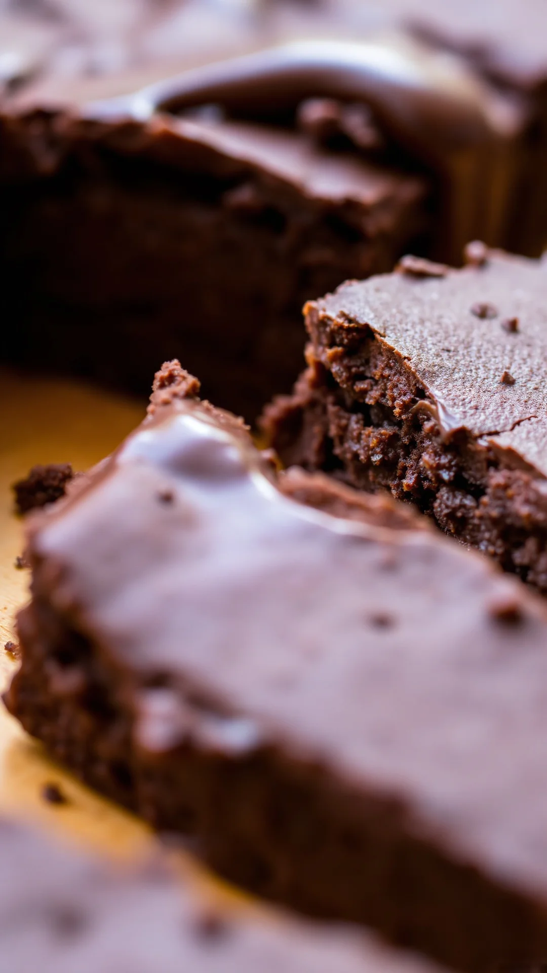 Close-up macro shot of rich dark chocolate brownie, fudgy texture, melting chocolate, cut square portion, crumbly edge detail