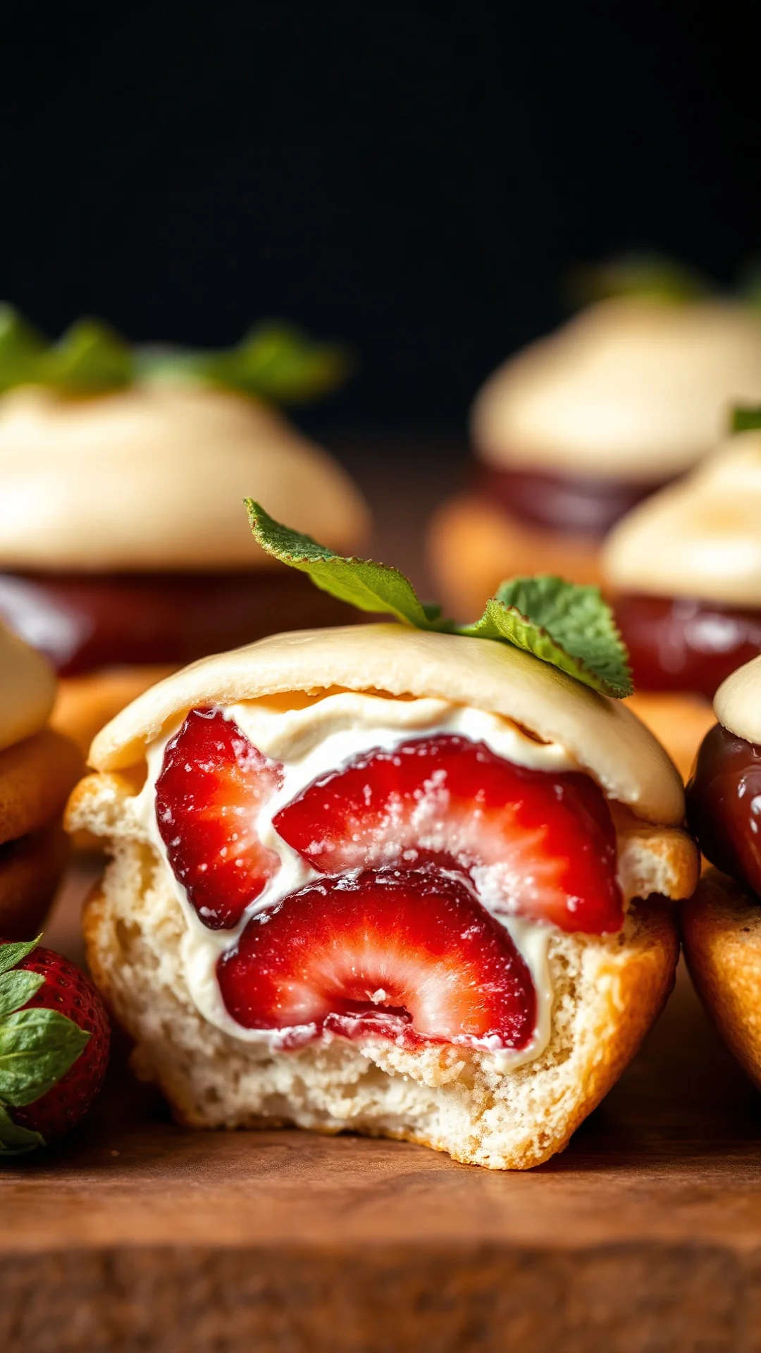 Close-up macro shot of sliced mini fraisier pastry revealing layers of sponge cake, creamy filling, and fresh strawberry halv