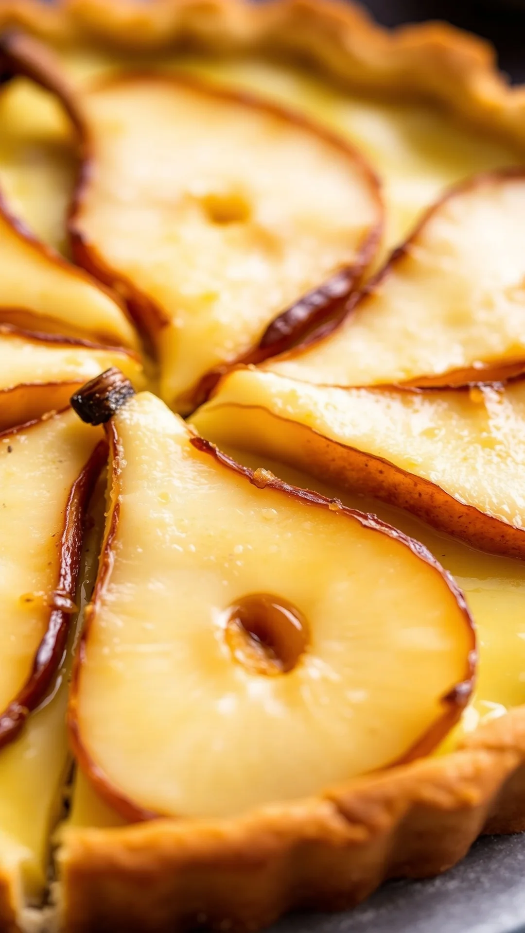 Close-up macro shot of sliced Norman pear tart, showcasing creamy custard filling, caramelized pear slices with golden edges,