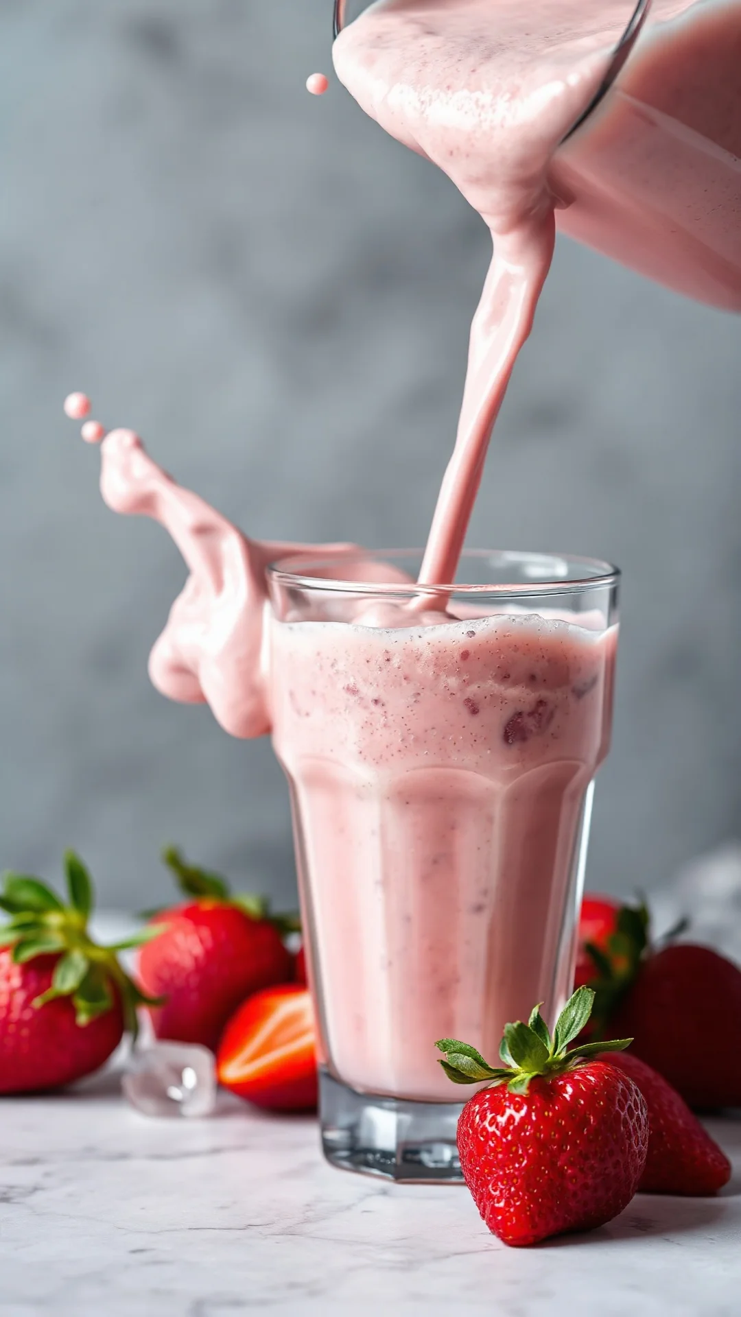 Close-up macro shot of strawberry smoothie being poured into glass, pink creamy liquid splashing, fresh red strawberries and