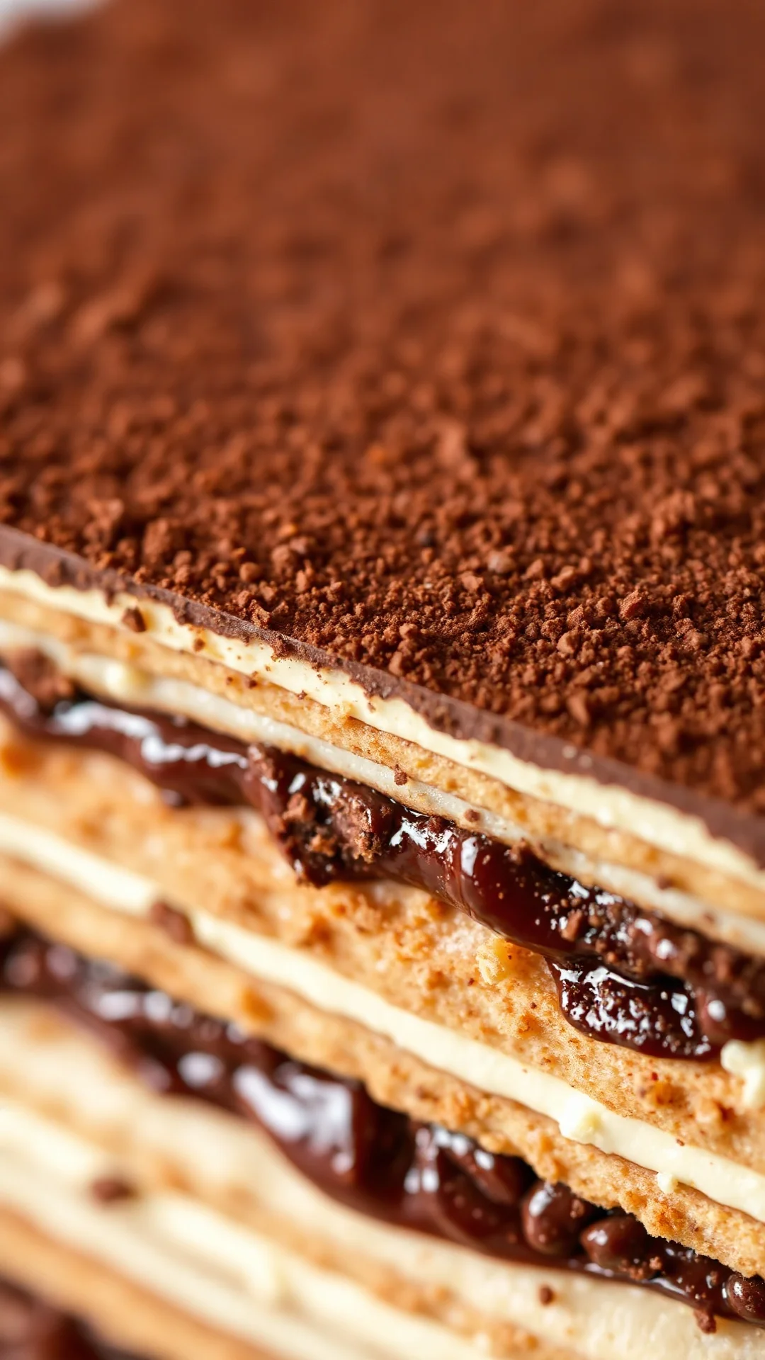 Close-up macro shot of tiramisu cross-section layers showing creamy mascarpone filling between coffee-soaked Savoiardi biscui