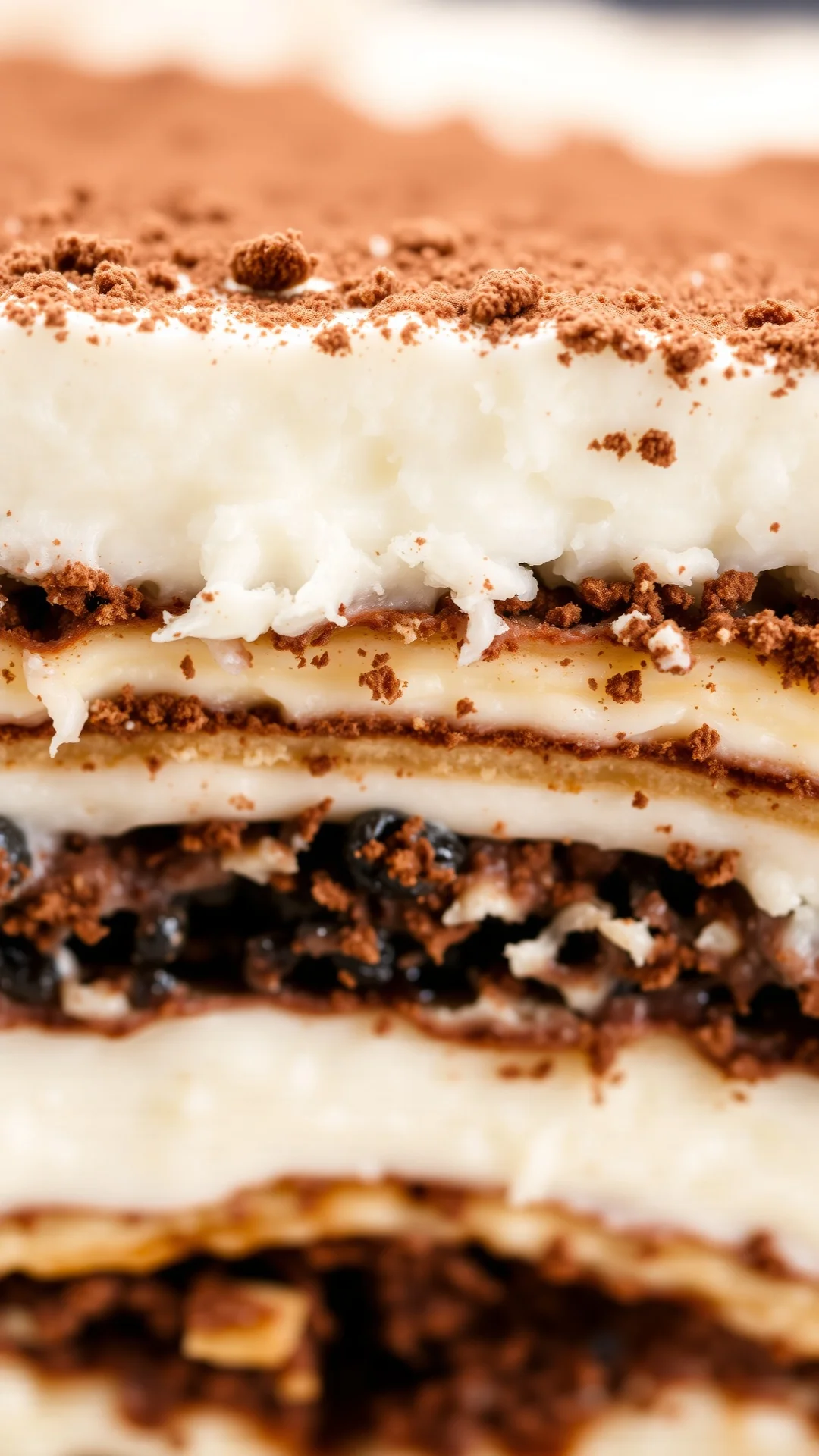 Close-up macro shot of tiramisu cross-section, showing creamy mascarpone layers, coffee-soaked ladyfingers, cocoa dust, rich