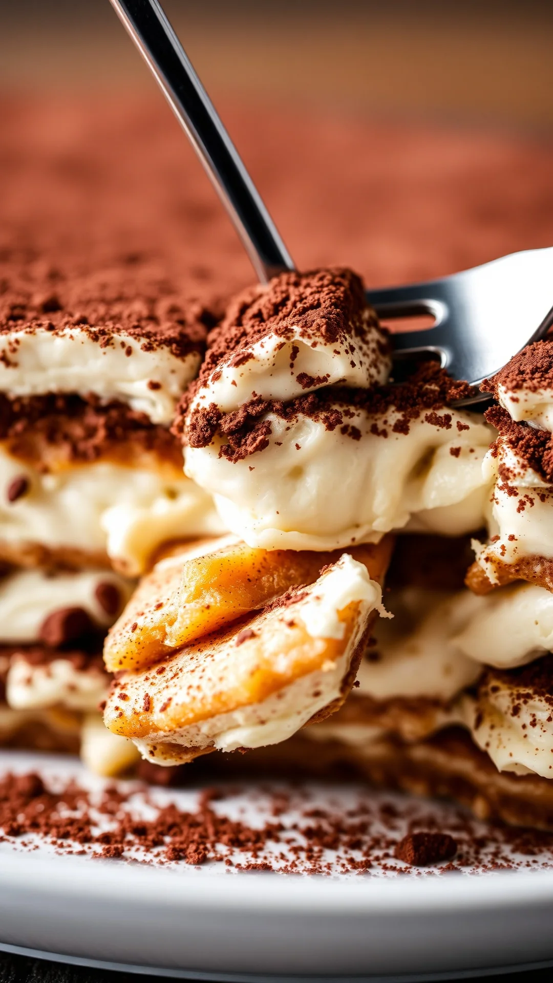 Close-up macro shot of tiramisu layers showing creamy mascarpone, ladyfinger biscuits soaked in coffee, dusted with cocoa pow