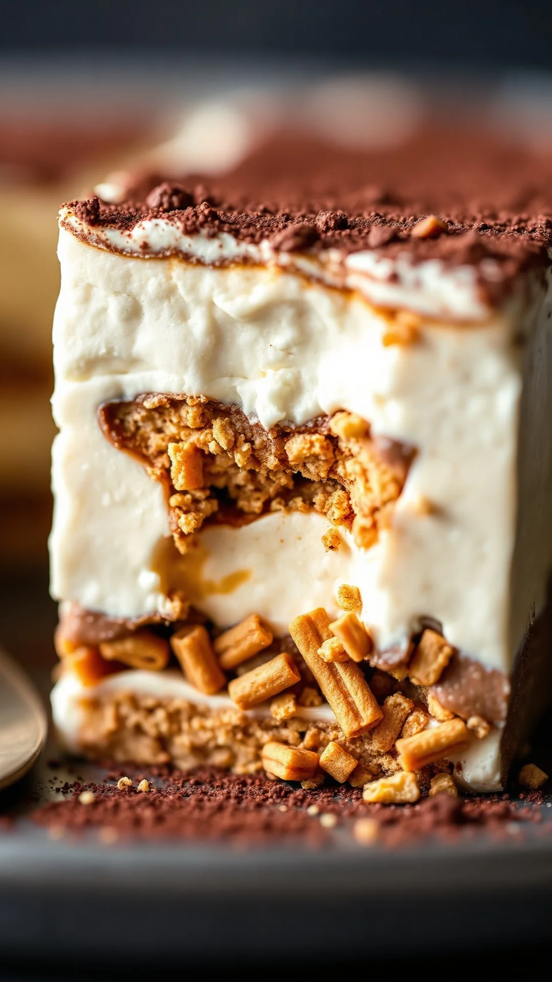 Close-up macro shot of tiramisu speculoos layers, creamy mascarpone texture, speculoos biscuit detail, cocoa powder topping,