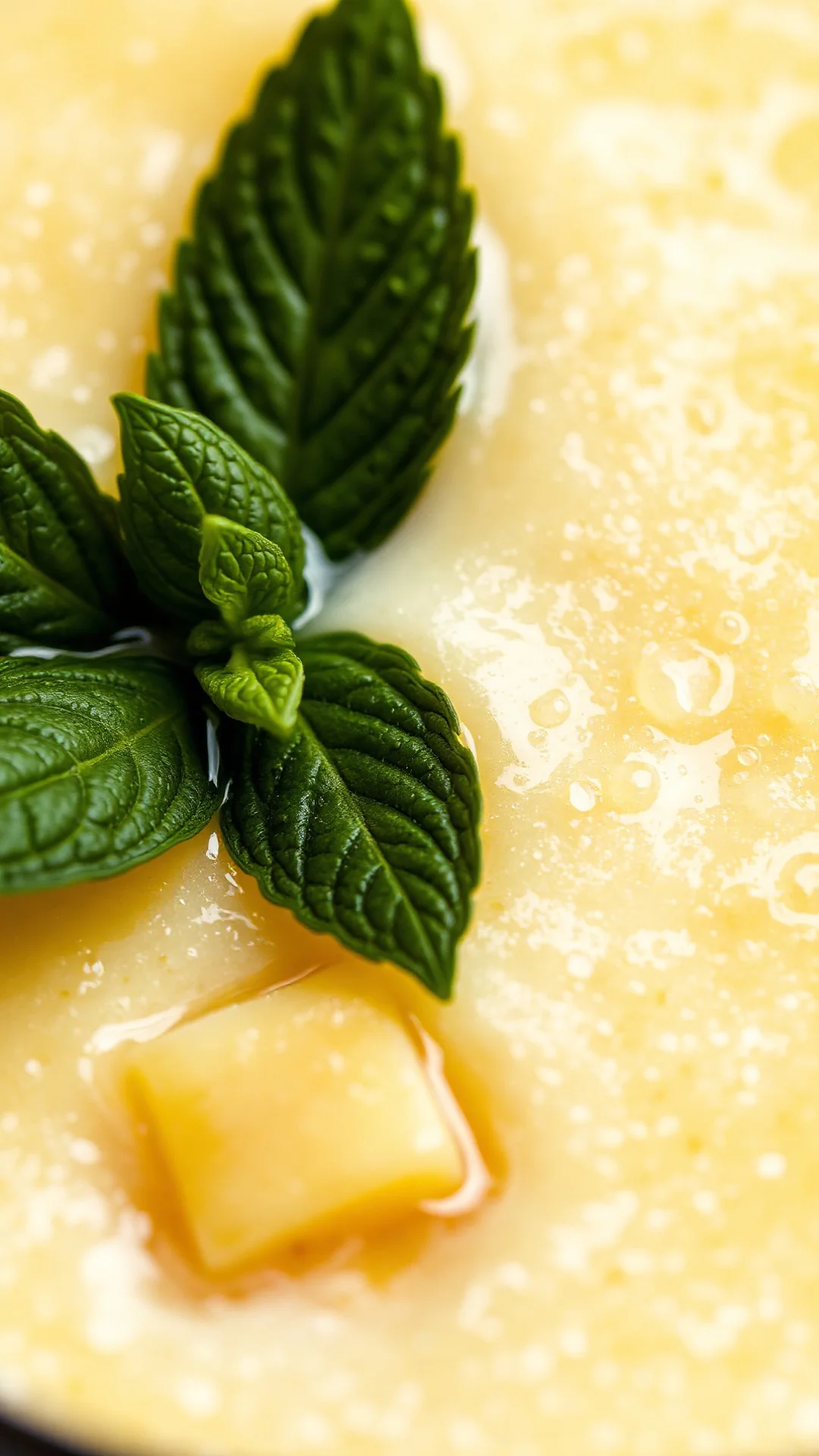 Close-up macro shot of tropical pineapple smoothie with texture details, creamy golden surface, fresh mint leaves, pineapple