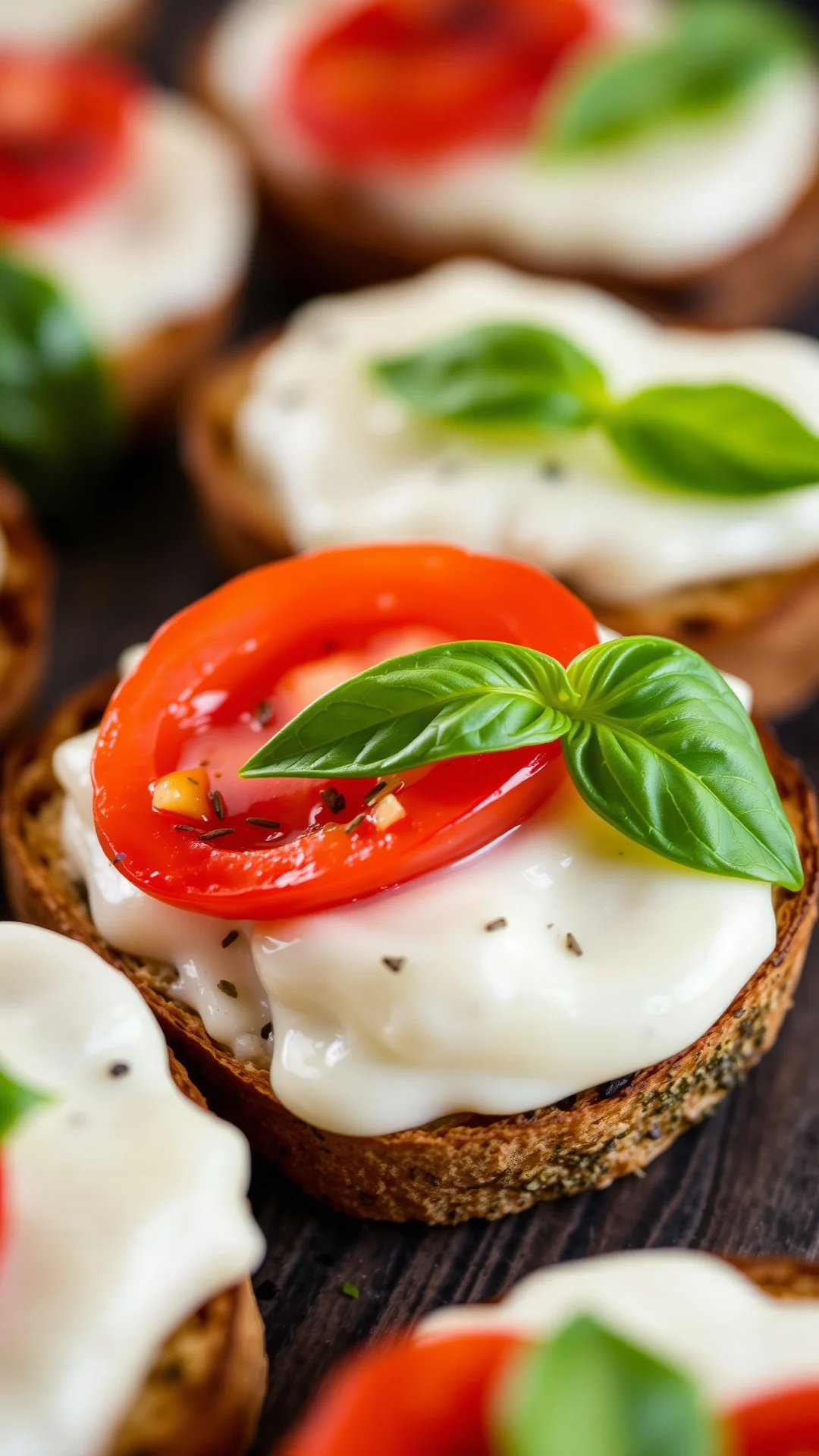 Close-up of creamy melted mozzarella and fresh tomatoes on toasted bruschetta, basil leaf detail, gourmet food styling, shall