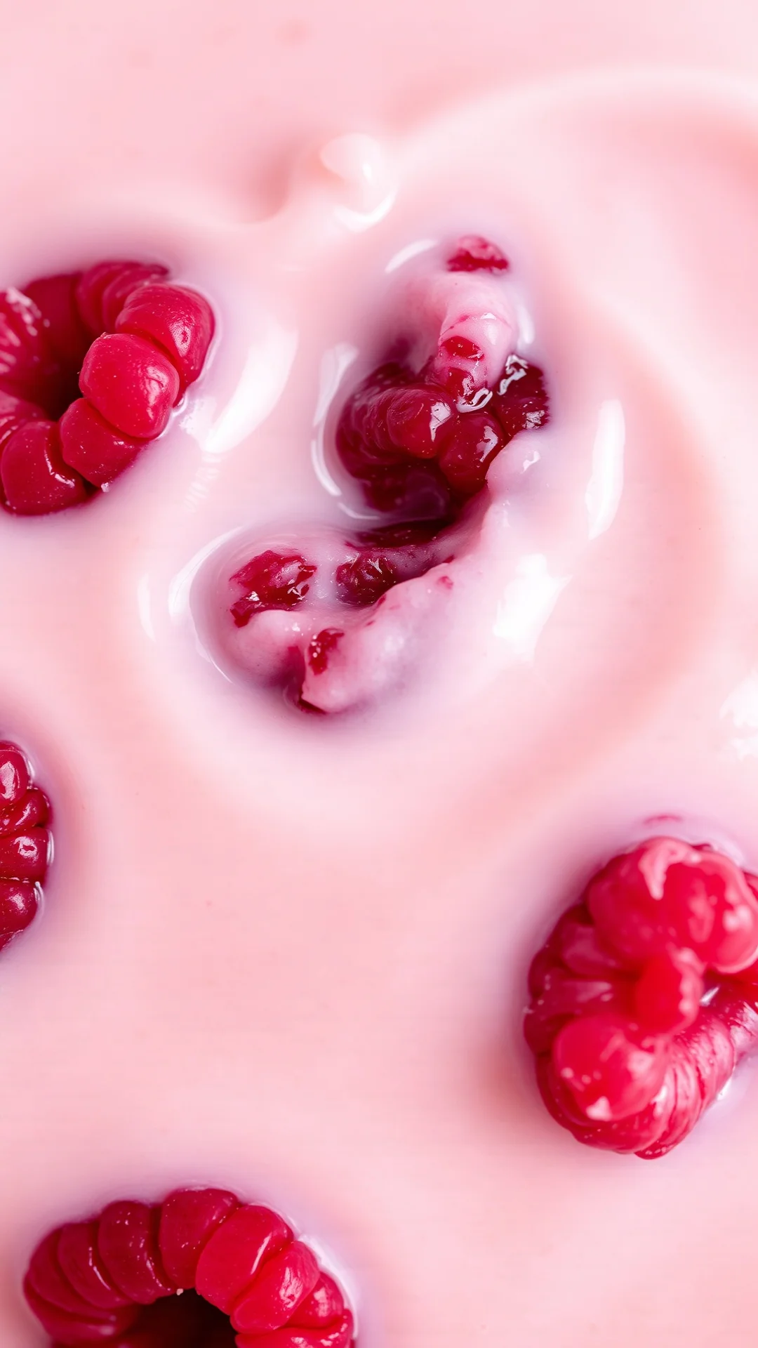 Close-up of creamy raspberry smoothie texture with fresh raspberries, yogurt swirl, detailed macro shot, fresh fruit pieces,