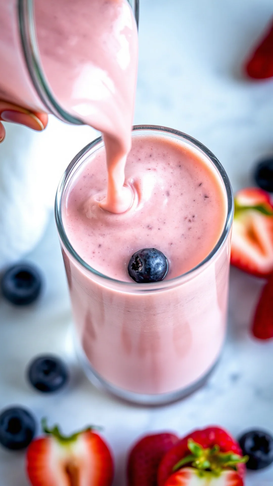 Close-up of creamy strawberry smoothie being poured into glass, fresh berries visible, smooth texture, overhead view, natural
