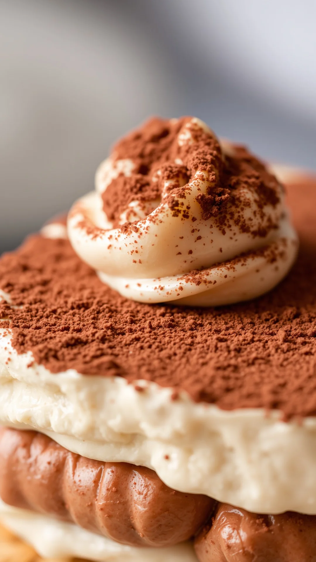 Close-up of creamy tiramisu layers with cocoa powder, ladyfinger biscuits, rich texture detail, Italian dessert macro shot, f