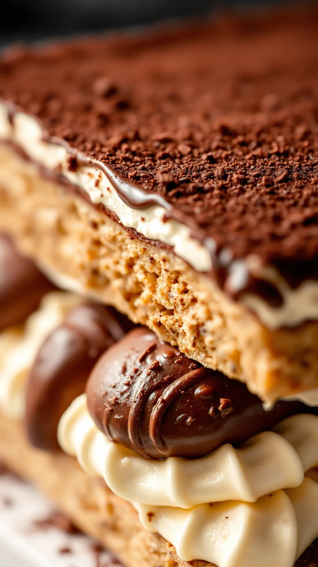 Close-up of creamy tiramisu layers with mascarpone filling, coffee-dipped ladyfingers, rich chocolate dusting, decadent Itali