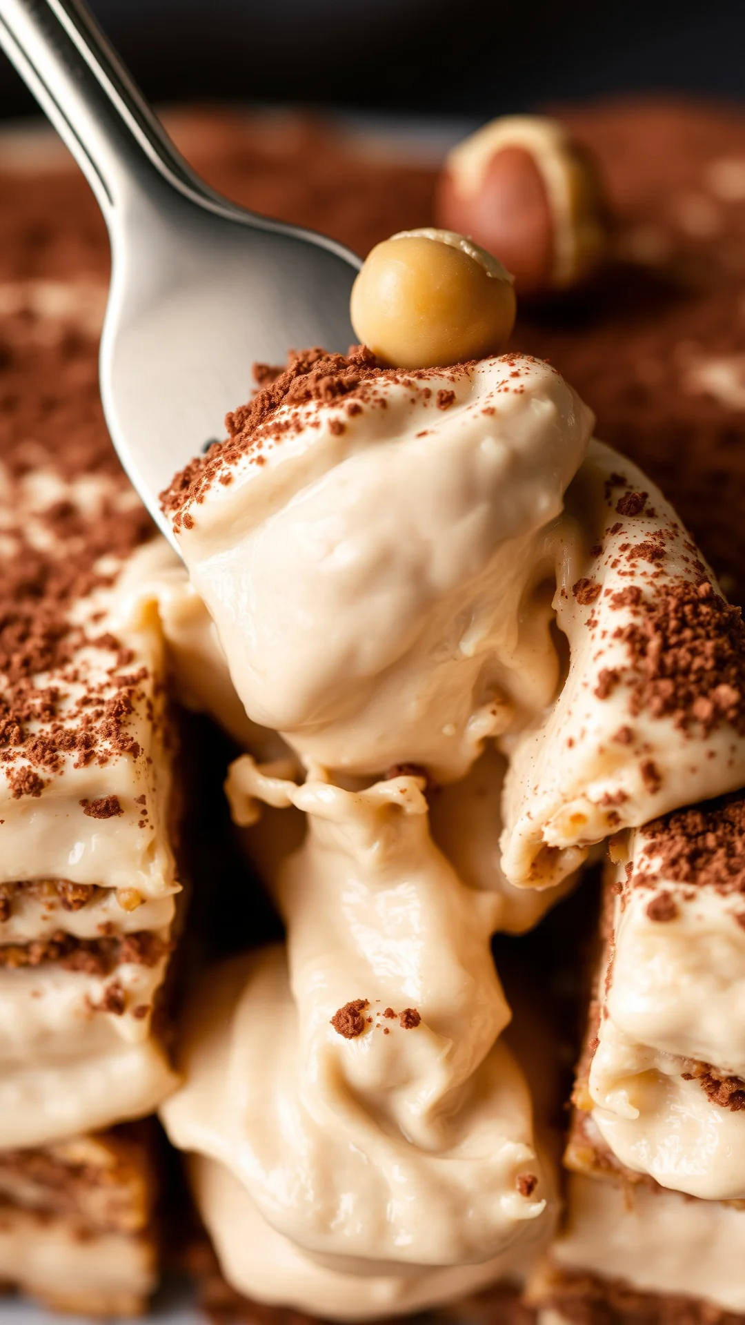 Close-up of creamy tiramisu with chestnut cream, rich mascarpone layers, cocoa powder dusting, hazelnut garnish, fork cutting