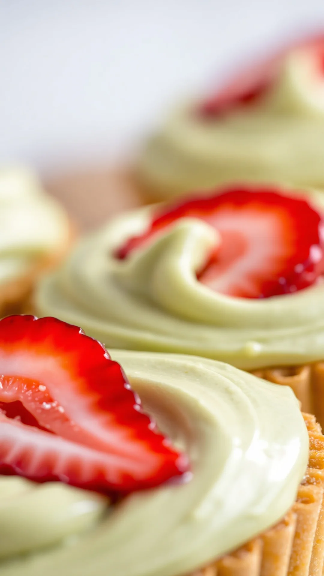 Close-up of fraisier pistachio cream with fresh strawberry slice, creamy green mousse texture, pastry detail shot, macro food