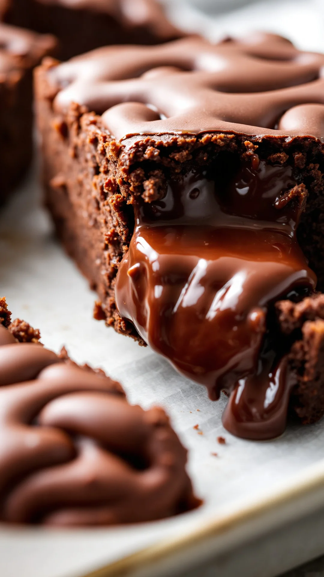 Close-up of freshly baked chocolate brownie square with fudgy center, melted chocolate dripping, rich dark cocoa texture, gou