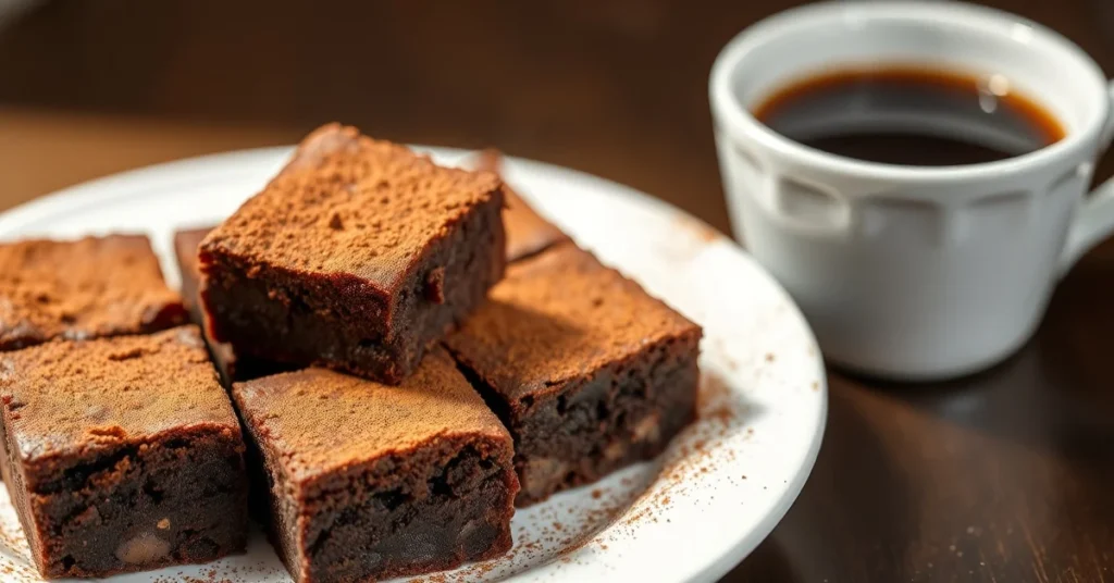 Close-up of freshly baked chocolate brownies dusted with cocoa powder, displayed on white ceramic plate with cup of coffee, w