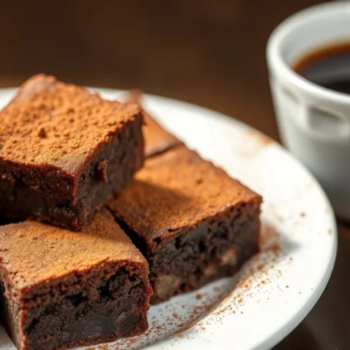 Close-up of freshly baked chocolate brownies dusted with cocoa powder, displayed on white ceramic plate with cup of coffee, w