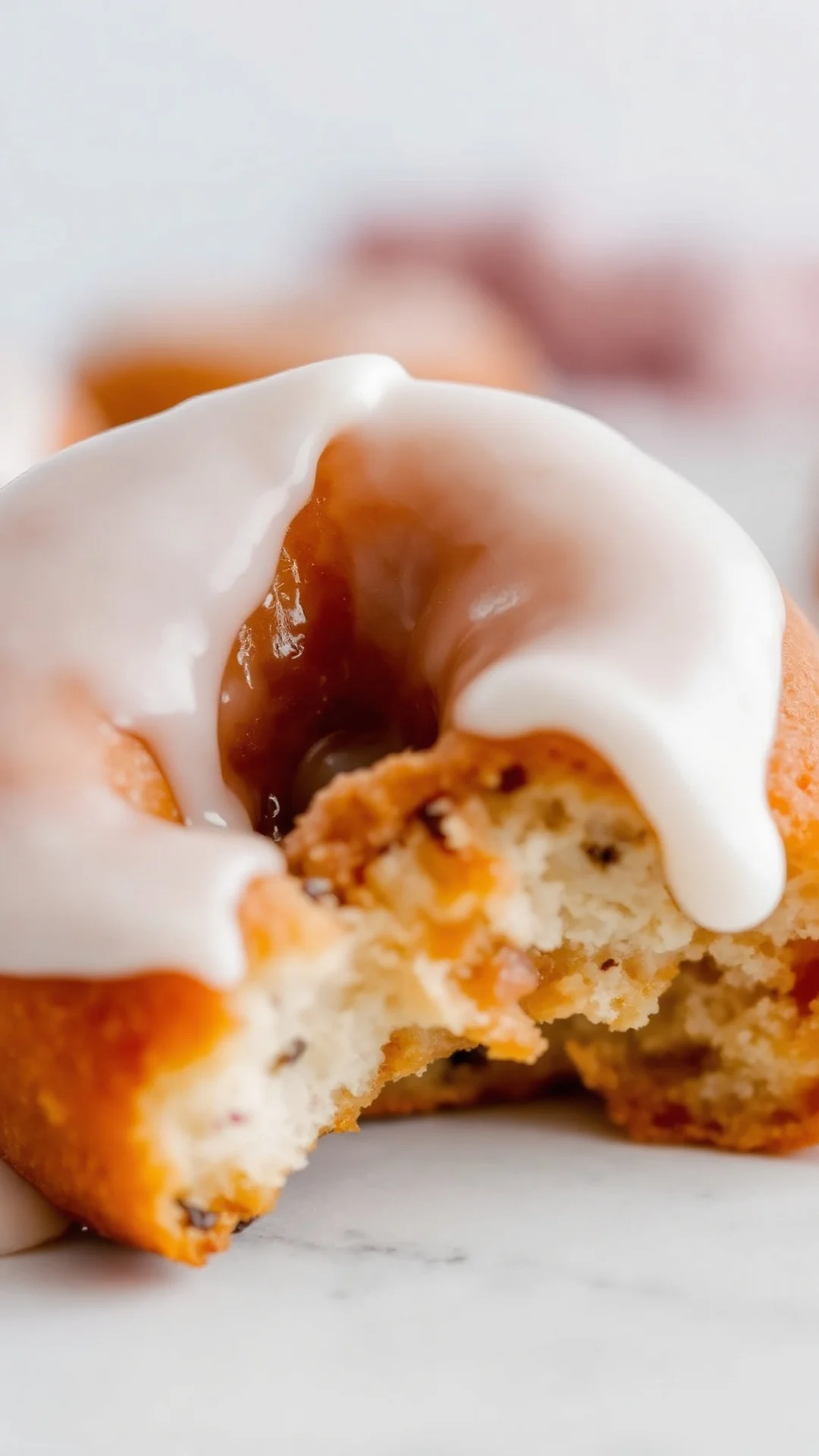 Close-up of freshly baked donut with creamy white glaze dripping down, soft focus background, baking lifestyle photography, h
