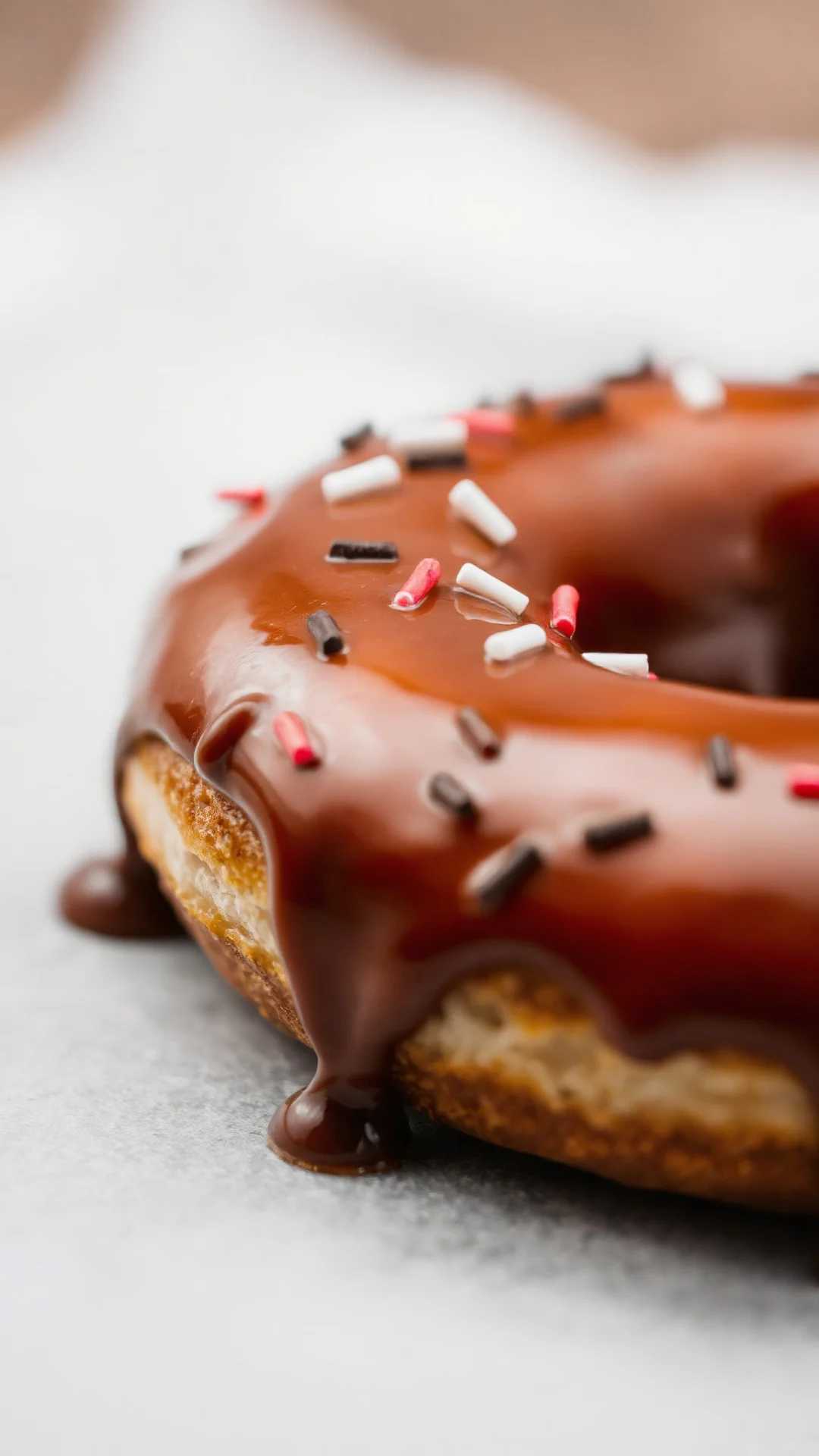 Close-up of freshly fried donut with chocolate glaze dripping, golden-brown color, sprinkles on top, soft focus background, a