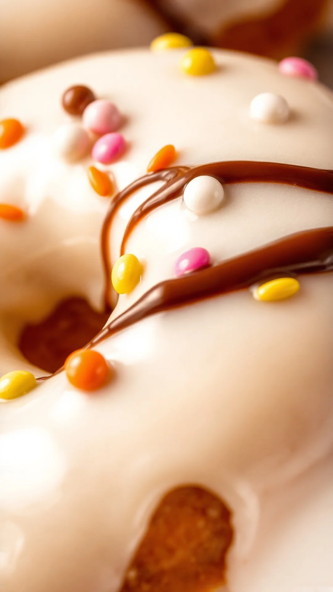 Close-up of glazed donut with white icing, colorful pearl sprinkles and chocolate drizzle, macro photography, soft warm light
