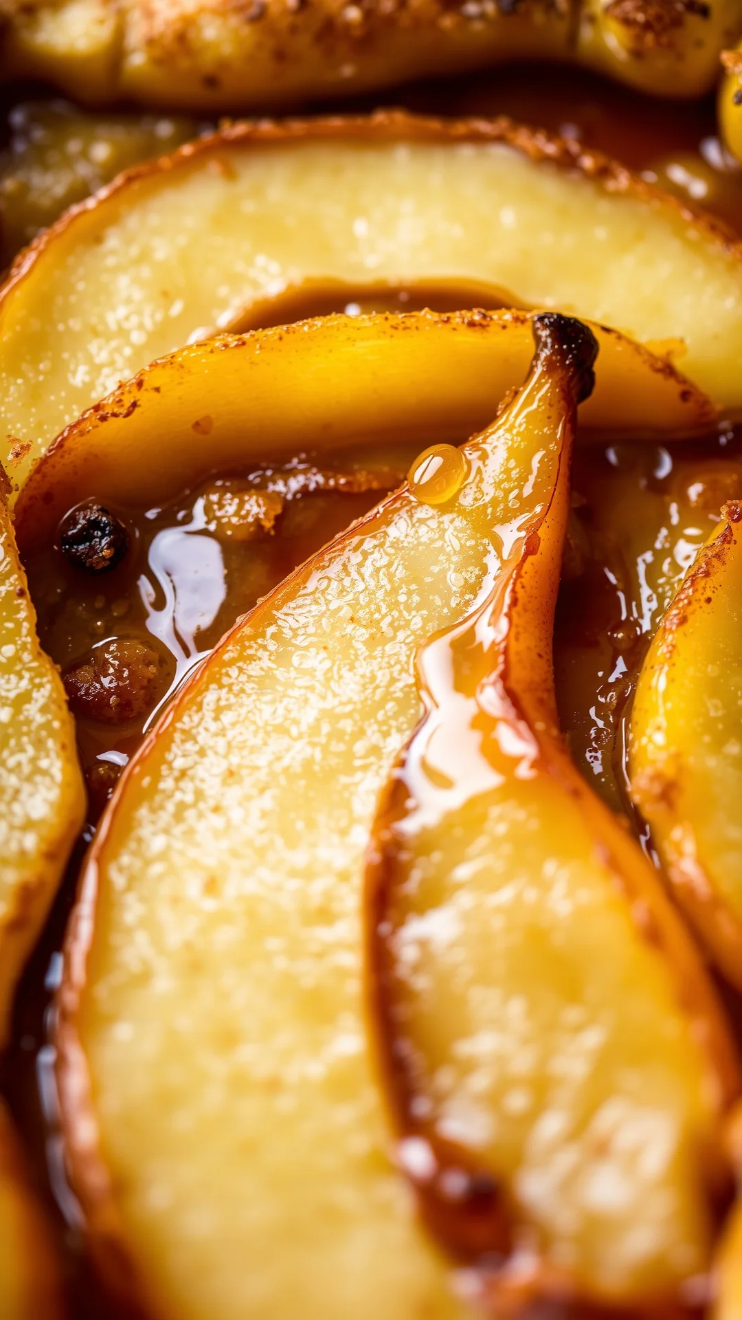 Close-up of golden baked pear tart slice with caramelized pears, flaky golden pastry layers, cinnamon spice dusting, melting