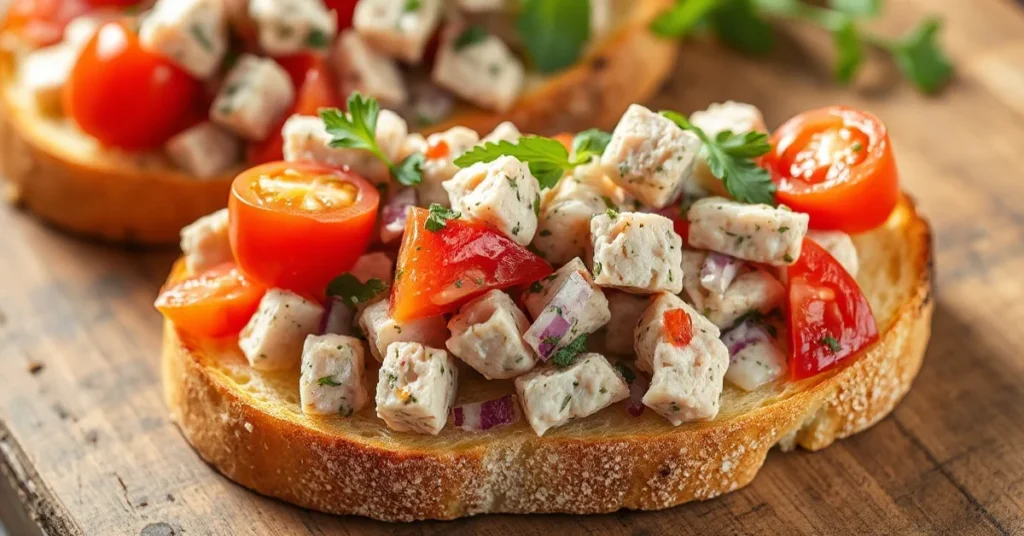 Close-up of golden toasted bruschetta with tuna salad, fresh tomatoes, red onions, herbs, and olive oil, Mediterranean appeti