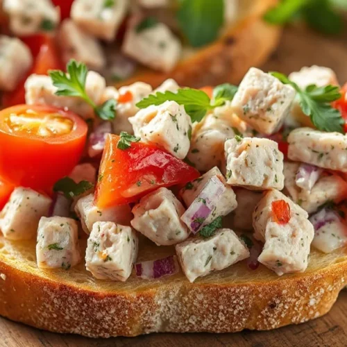 Close-up of golden toasted bruschetta with tuna salad, fresh tomatoes, red onions, herbs, and olive oil, Mediterranean appeti
