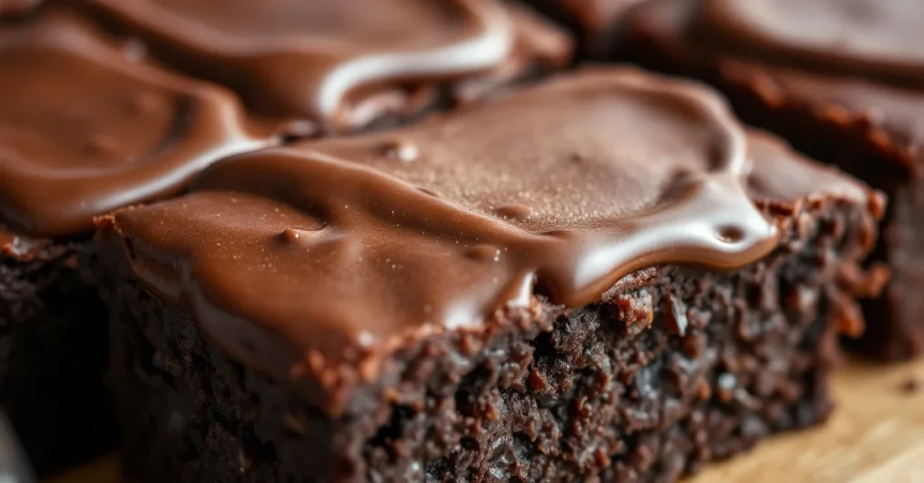 Close-up of perfectly baked brownies with crispy edges and fudgy center, freshly removed from air fryer, topped with chocolat
