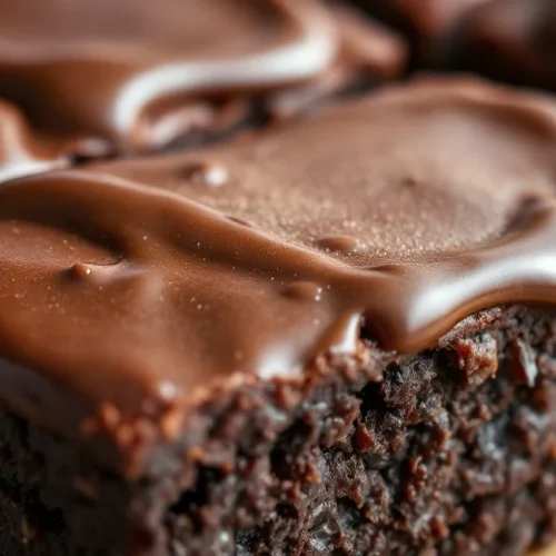 Close-up of perfectly baked brownies with crispy edges and fudgy center, freshly removed from air fryer, topped with chocolat