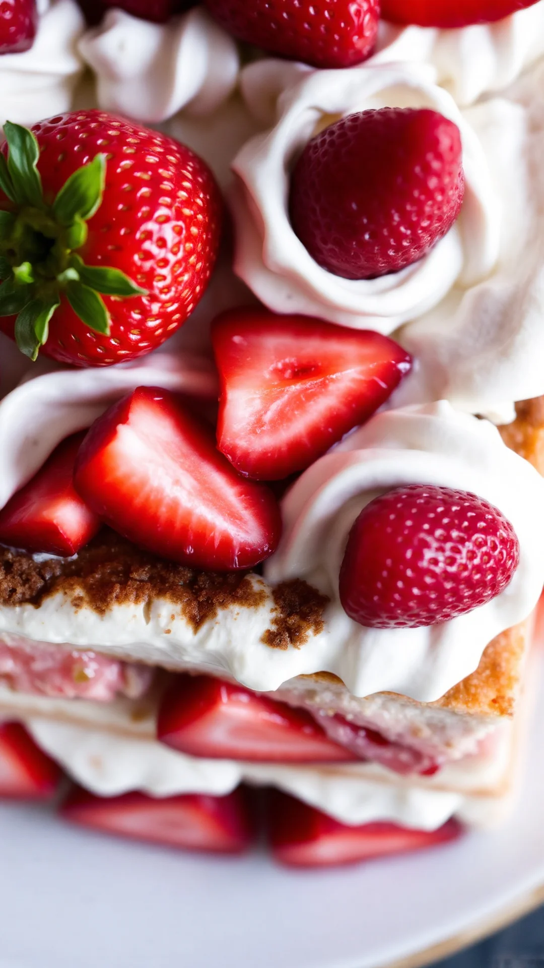Close-up overhead of fresh ripe strawberries and creamy mascarpone tiramisu layers, delicate dessert texture detail with whip