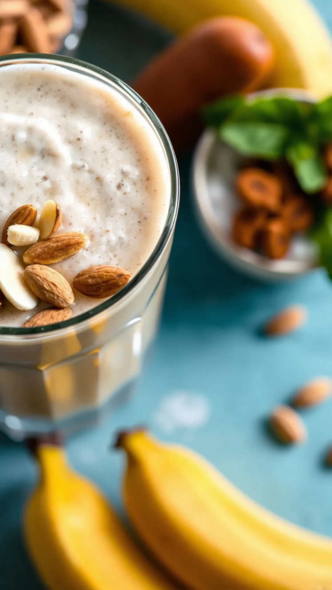 Close-up overhead shot of creamy banana smoothie in clear glass, garnished with almond slivers and cinnamon, vibrant natural