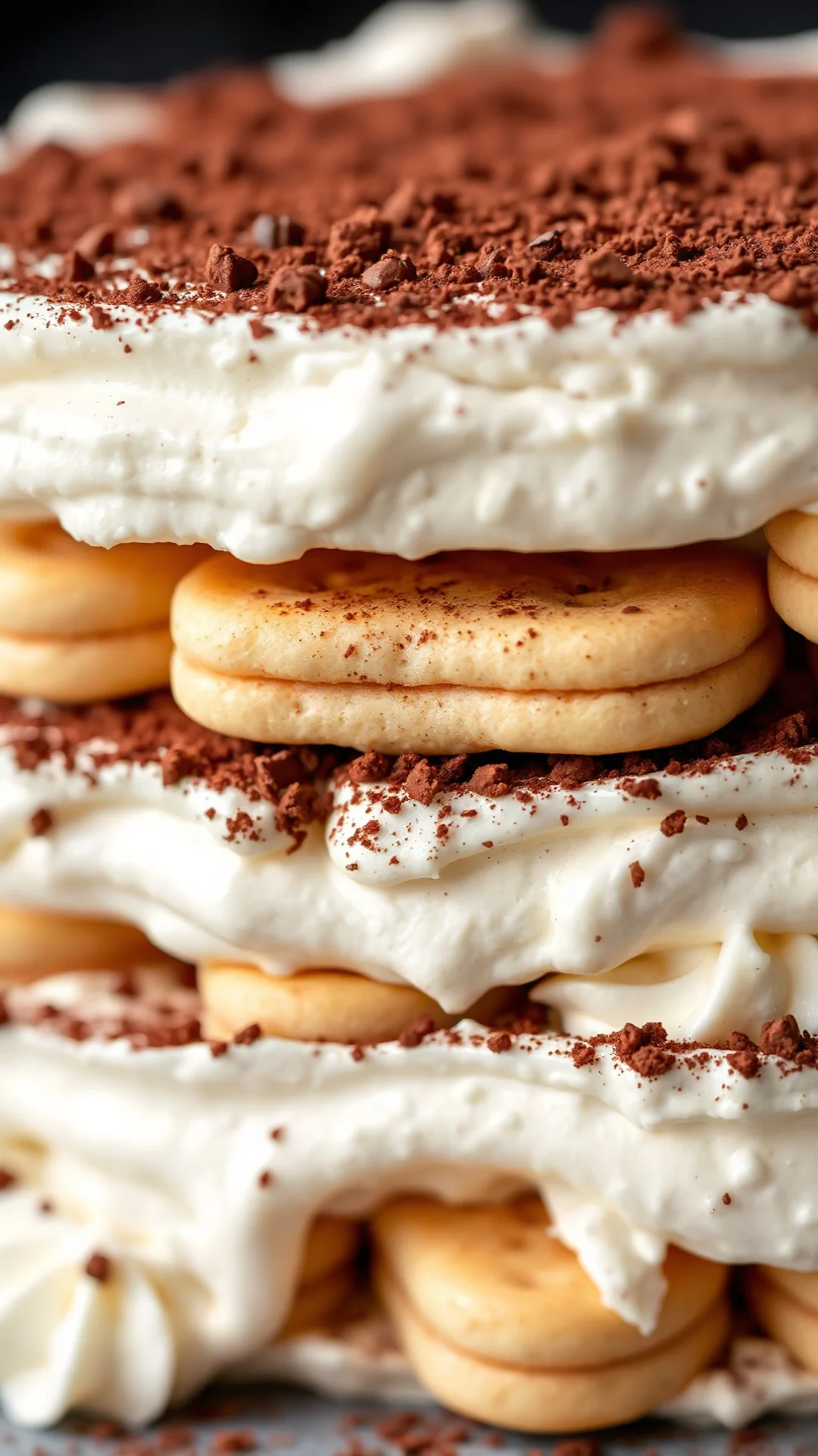 Close-up overhead shot of creamy tiramisu layers with lady finger biscuits, dusted with cocoa powder, rich mascarpone cream t