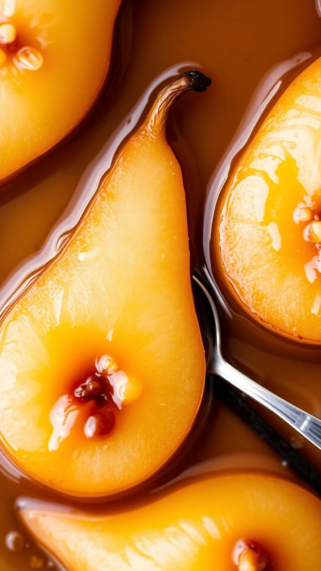 Close-up overhead shot of fresh poached pears in golden syrup with vanilla bean, glistening fruit detail, shallow depth of fi
