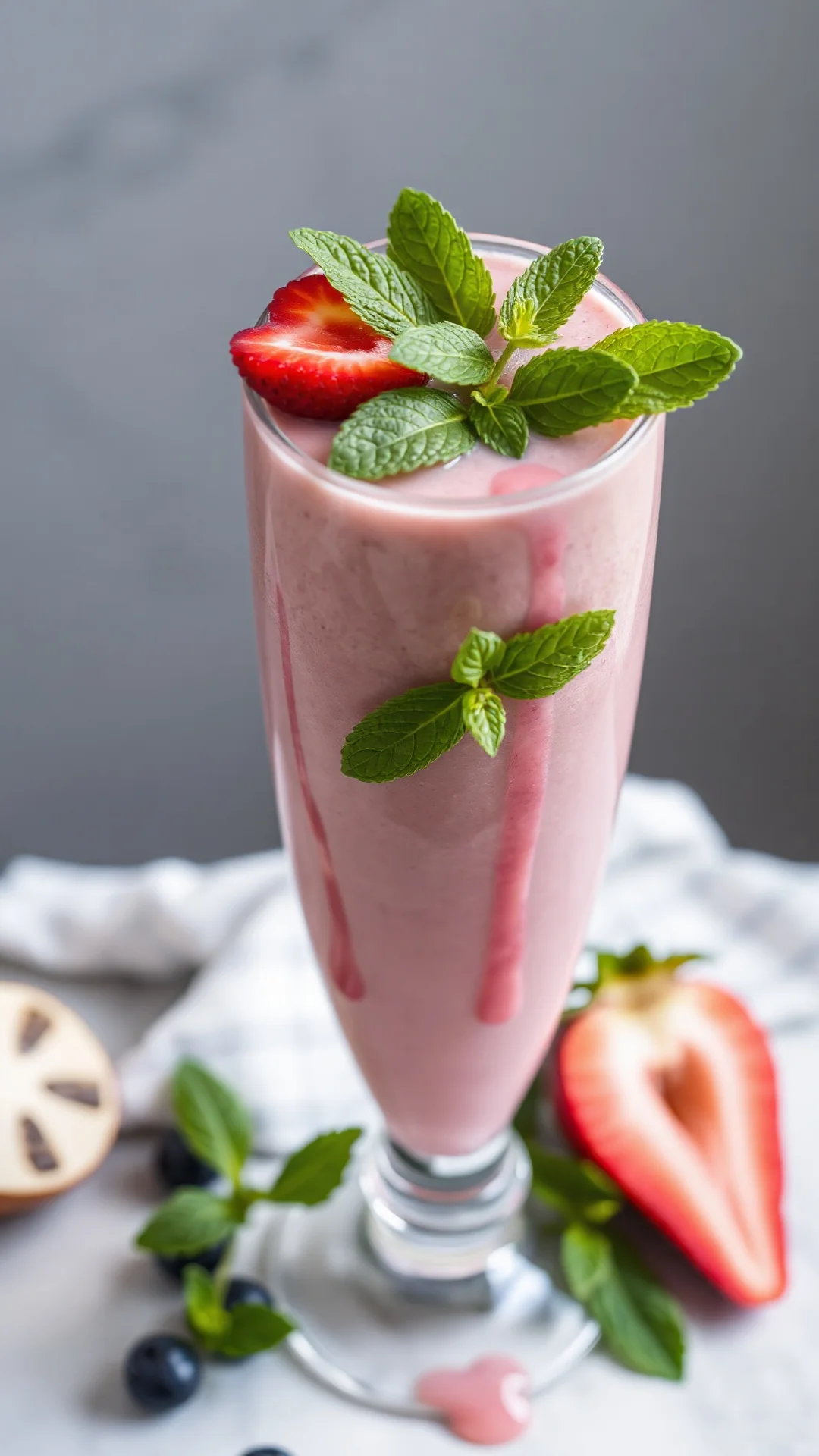 Close-up overhead view of a perfect creamy smoothie in a tall glass with fresh berries, mint leaves, and dripping fruit juice