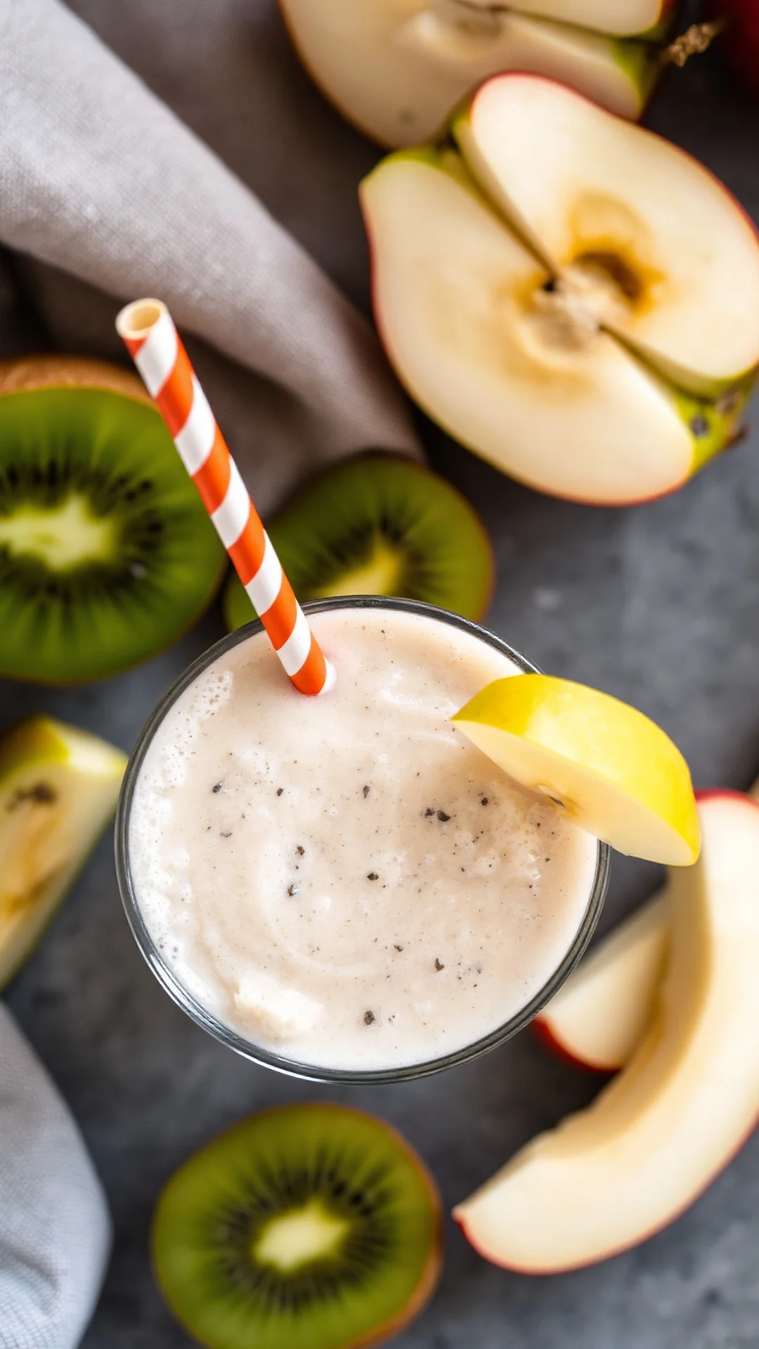 Close-up overhead view of creamy banana kiwi apple smoothie in glass, foam texture visible, fresh kiwi and apple slices scatt