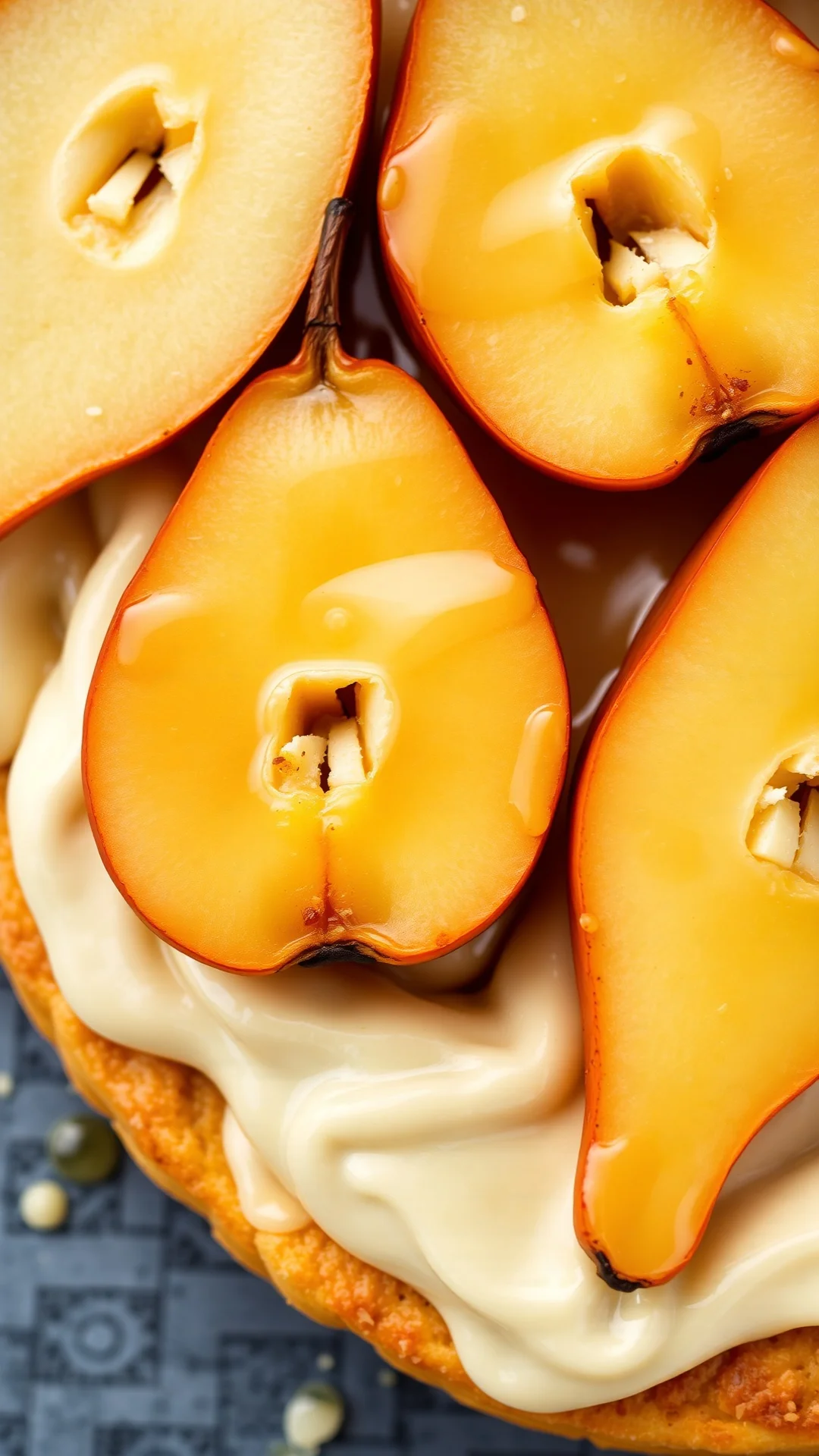 Close-up overhead view of fresh pear halves with honey glaze on rich creamy frangipane almond filling, golden pastry visible,