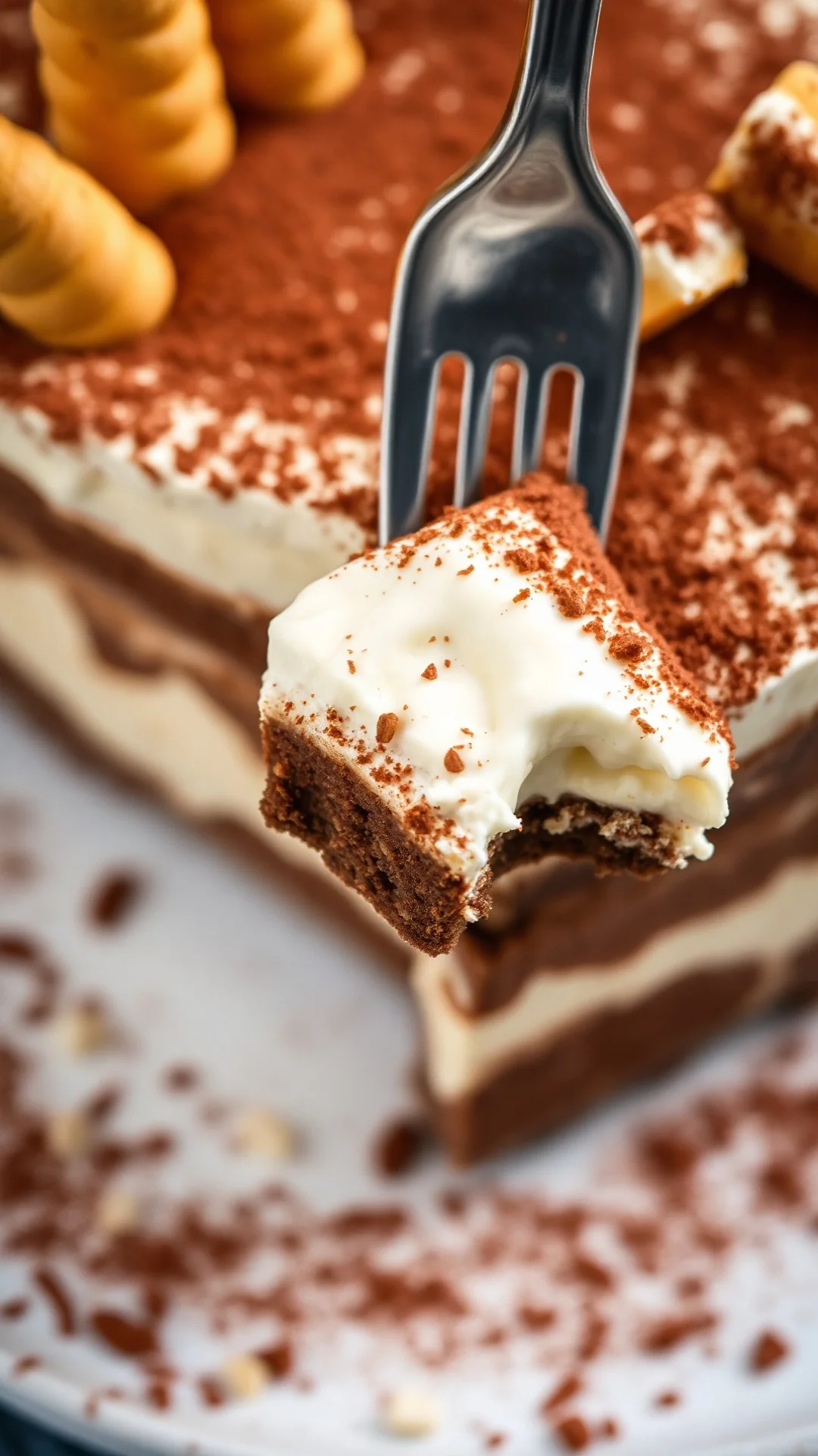 Close-up overhead view of layered tiramisu chocolate with creamy mascarpone filling, ladyfinger biscuits, rich cocoa dust, fo