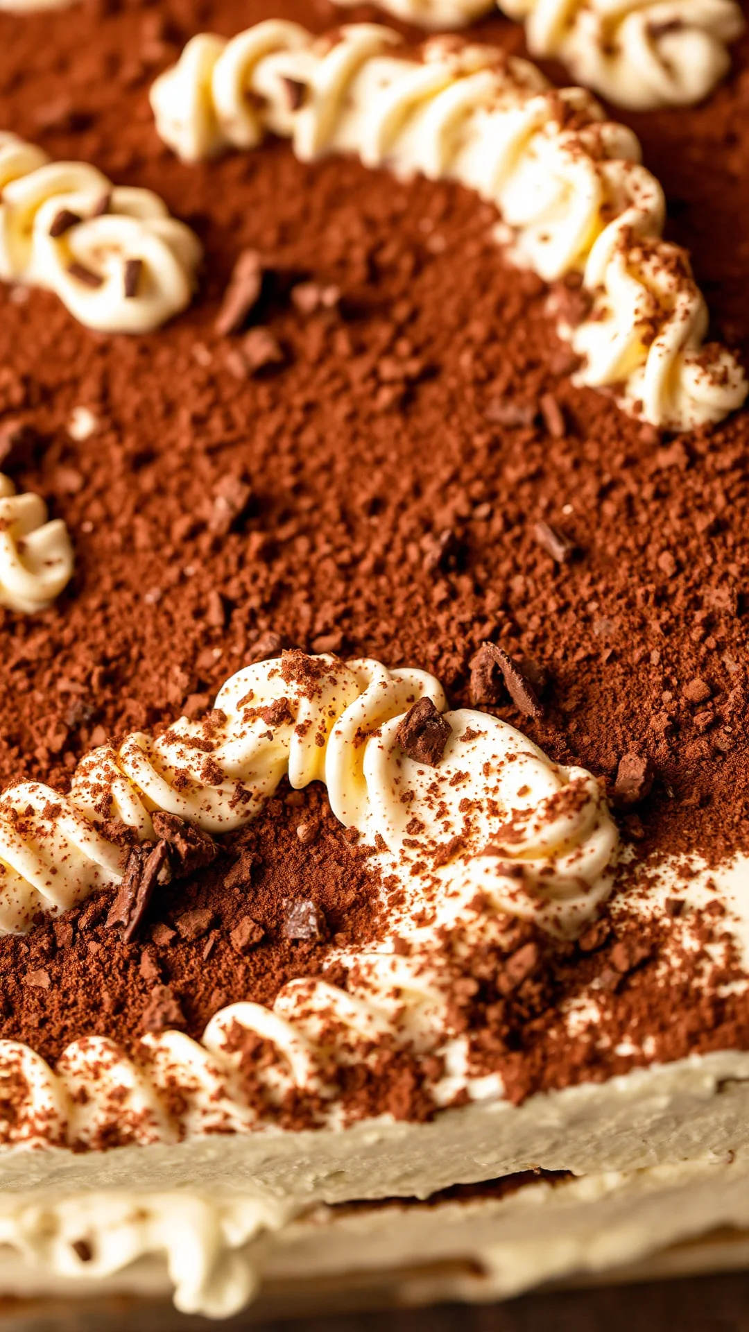 Close-up overhead view of tiramisu layers, creamy mascarpone texture, cocoa powder coating, chocolate shavings, coffee-soaked