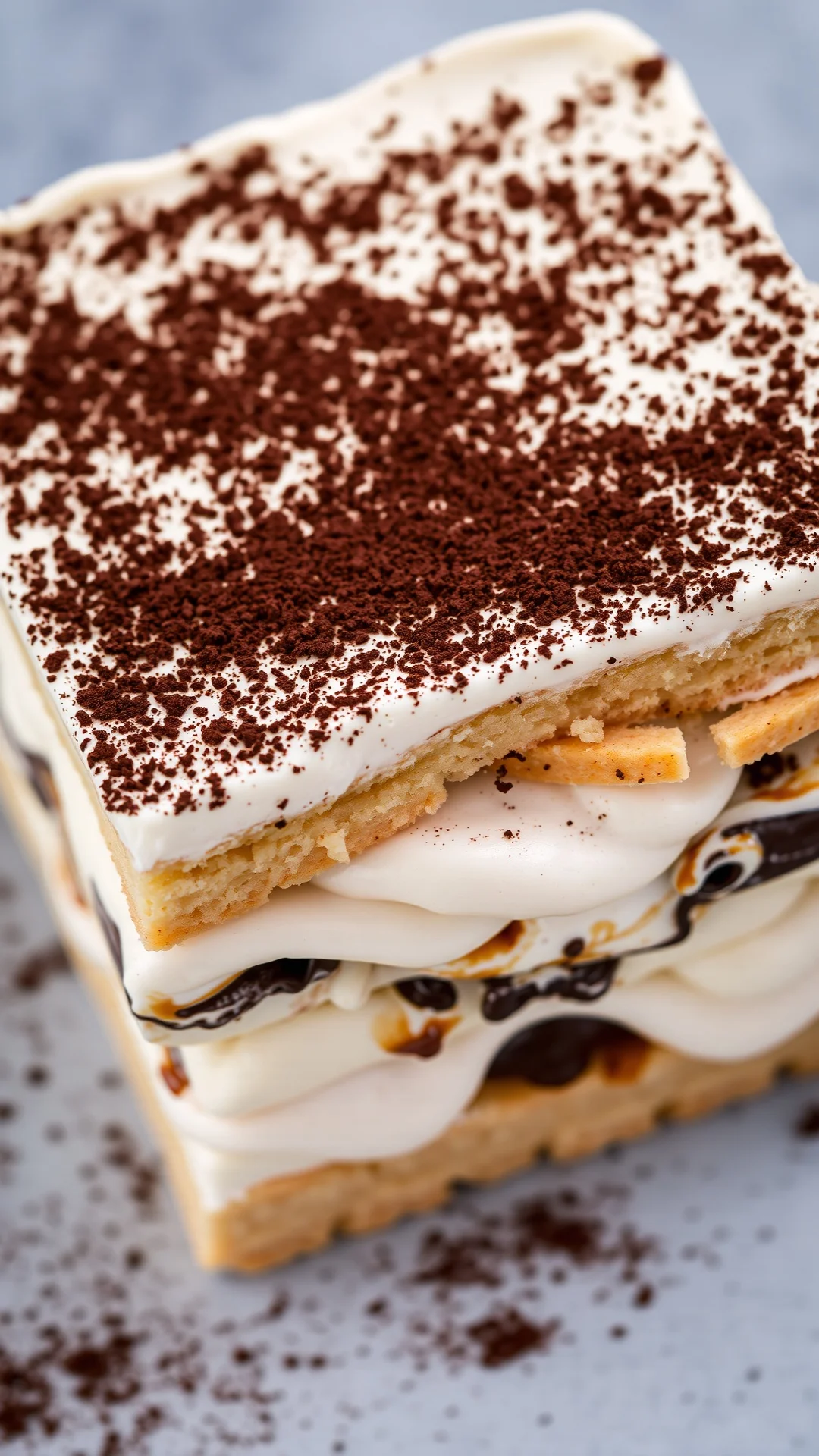 Close-up overhead view of tiramisu layers showing mascarpone cream and coffee-soaked ladyfinger biscuits, dusted with dark co