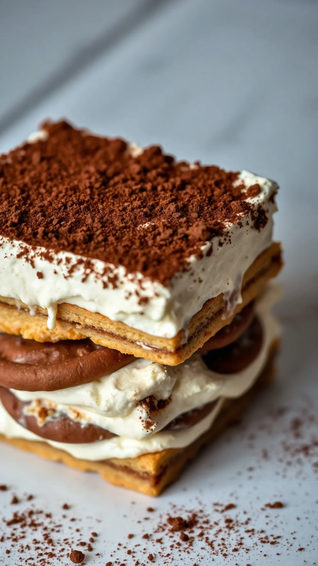 Close-up overhead view of tiramisu layers showing mascarpone cream and coffee-soaked Savoiardi biscuits, dusted cocoa powder,