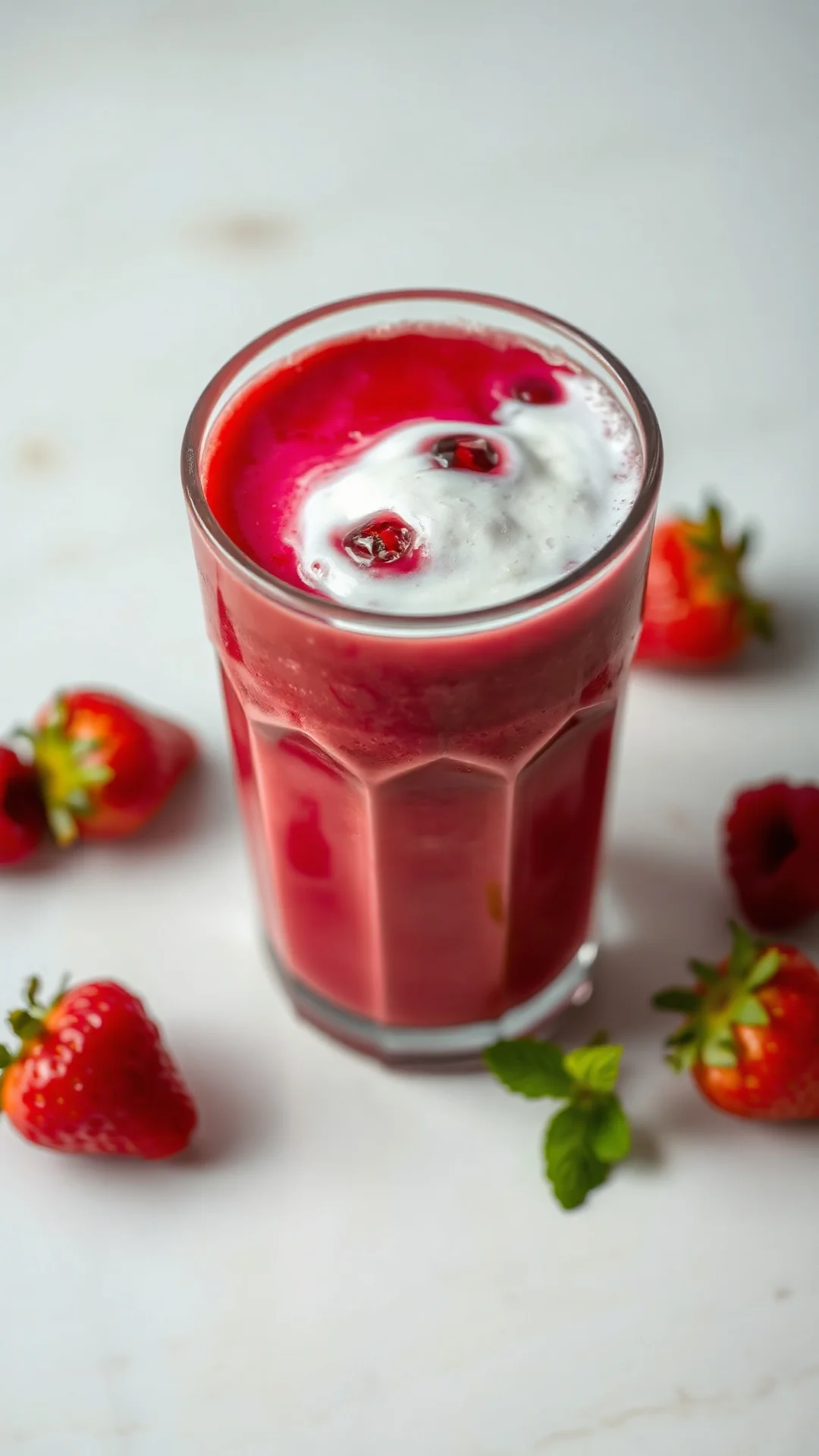 Close-up overhead view of vibrant red smoothie in clear glass filled to brim, layers of berries and yogurt visible, droplets