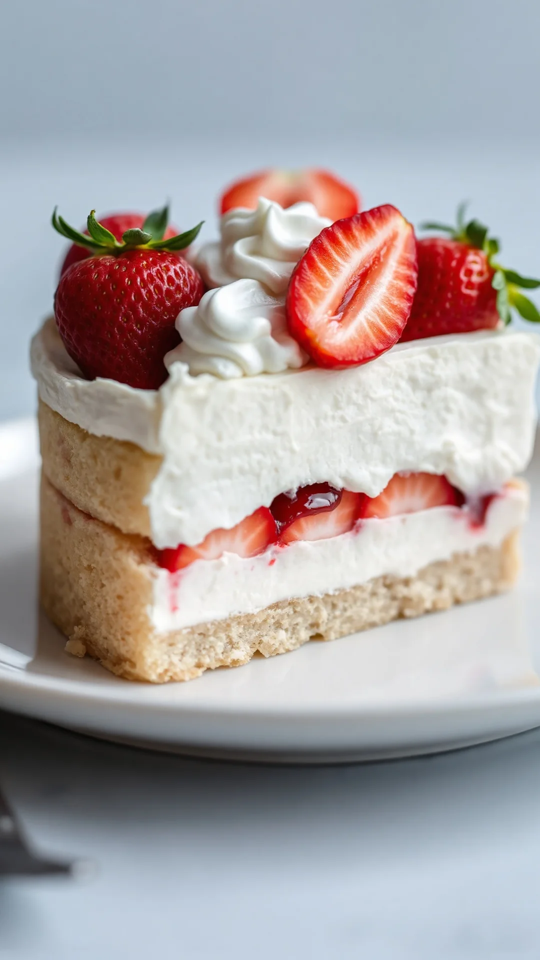 Close-up portrait of a classic French fraisier cake with vanilla mousseline cream and fresh strawberries, elegant white plate