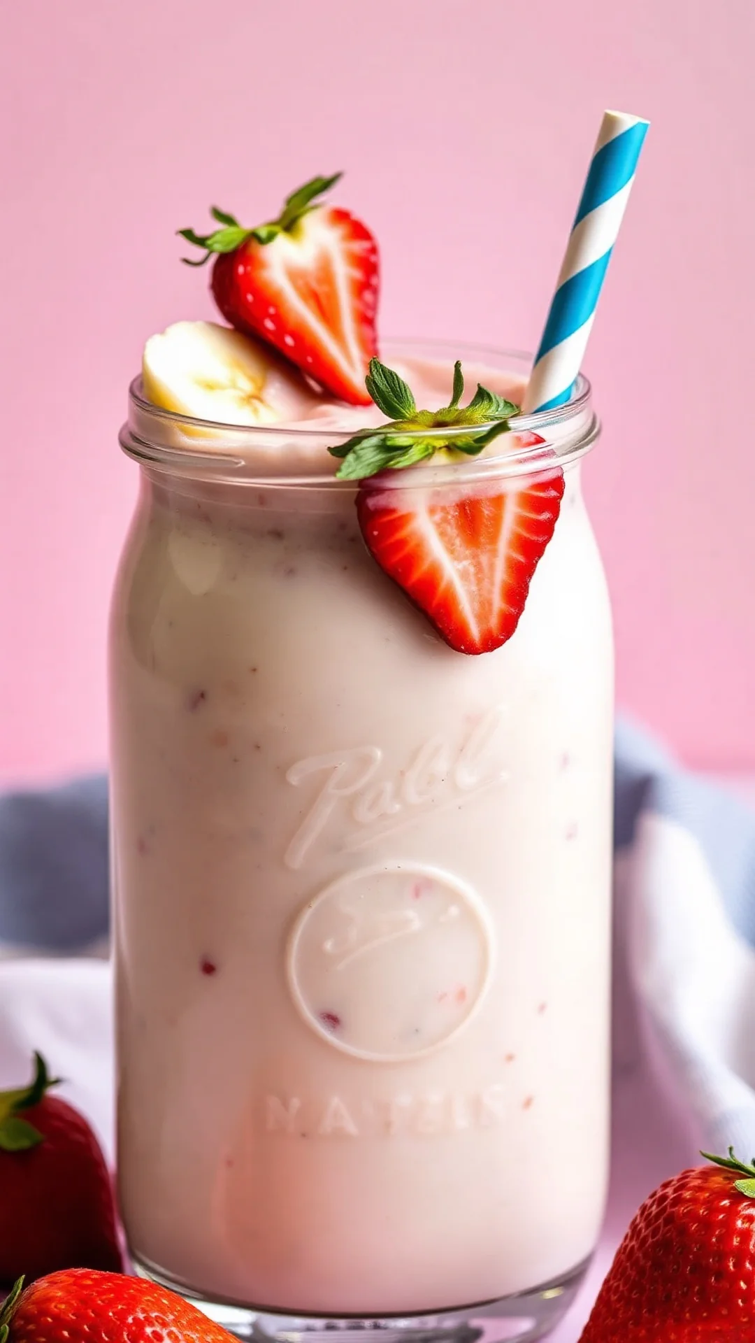 Close-up portrait of a creamy strawberry banana yogurt smoothie in a mason jar, fresh strawberries on top, pink pastel backgr