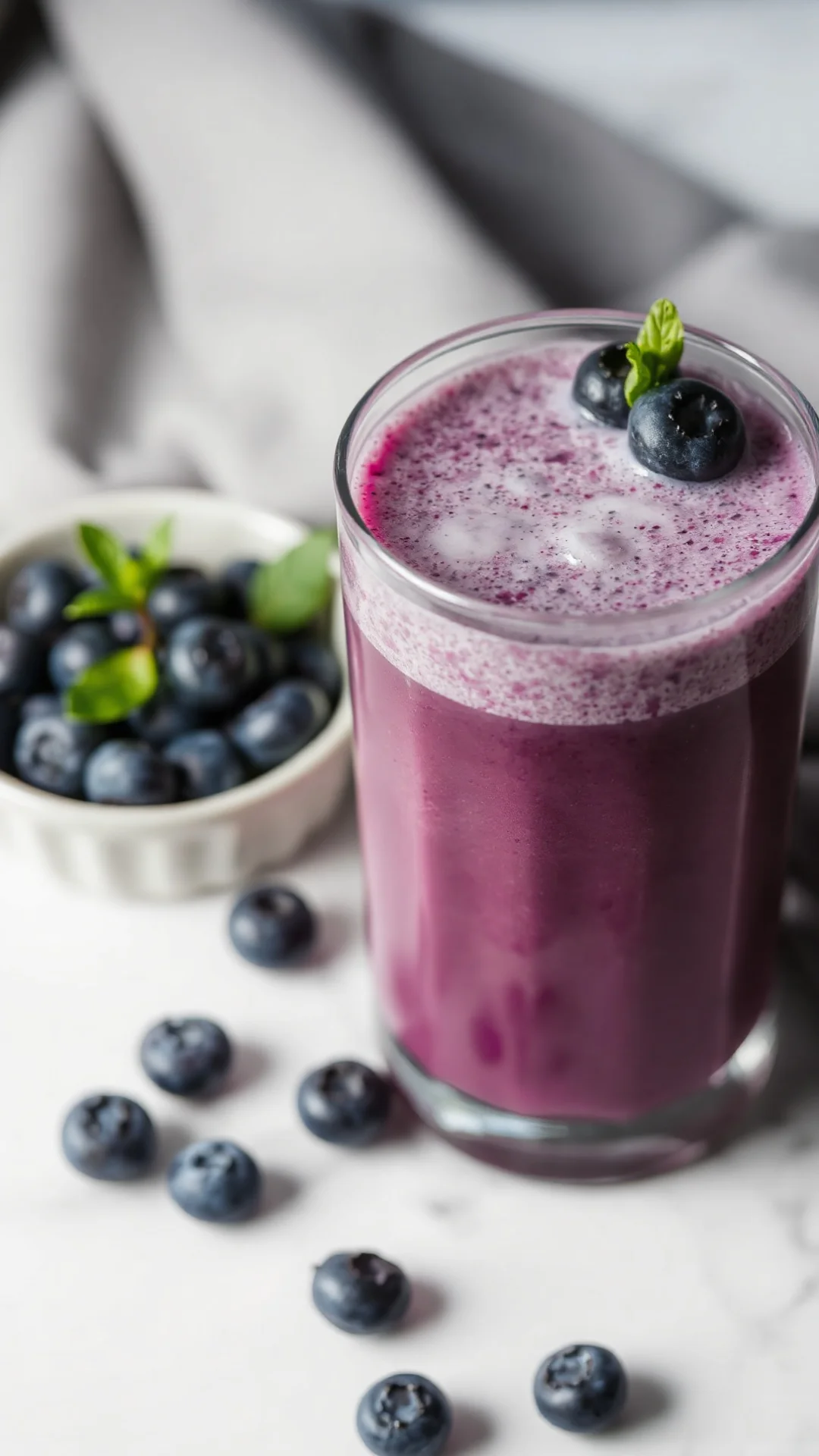 Close-up portrait of a deep purple blueberry acai almond milk smoothie in a tall glass, fresh blueberries garnish, white marb