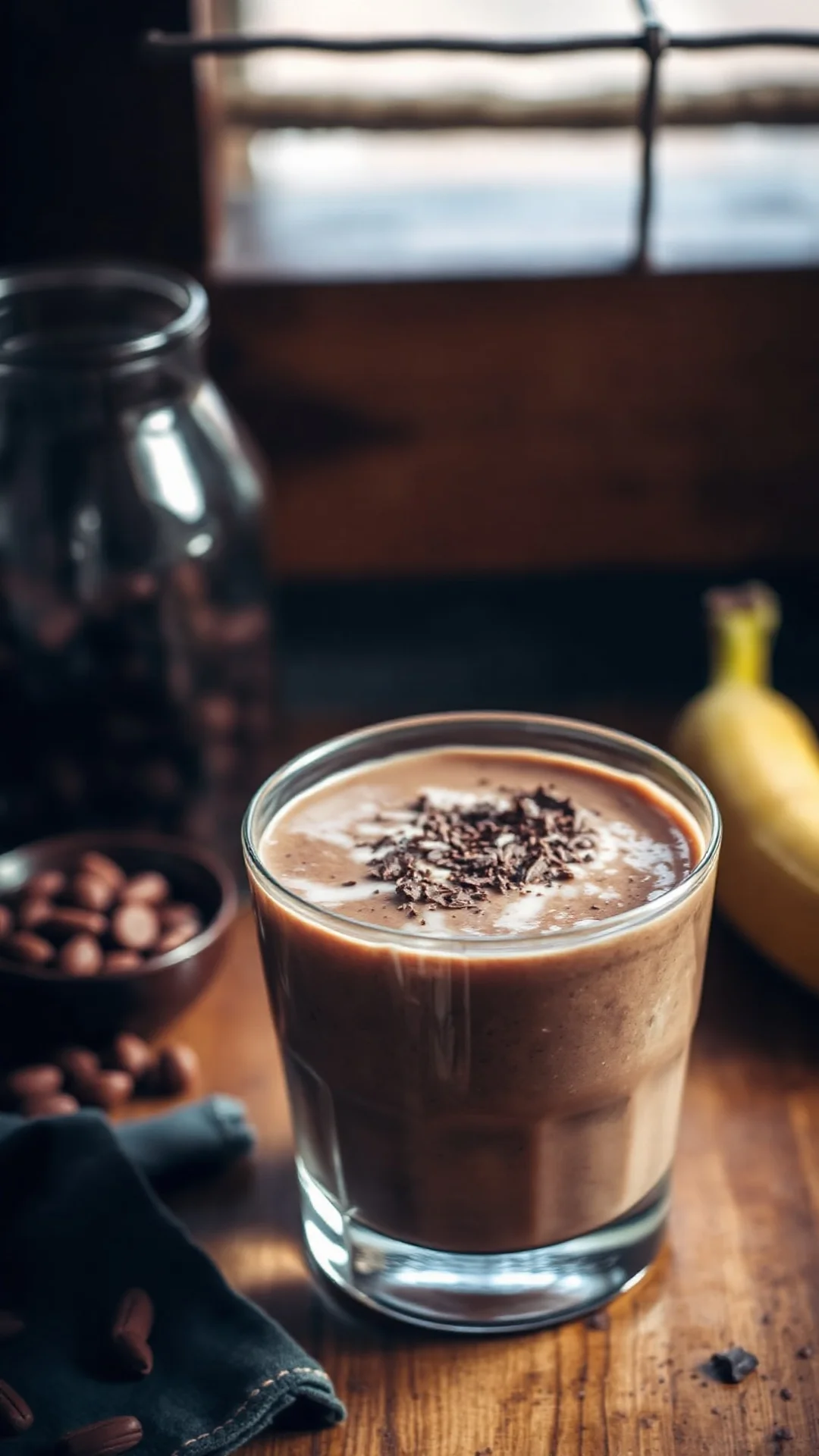 Close-up portrait of a rich dark chocolate peanut butter banana smoothie in a glass, chocolate shavings on top, rustic wooden