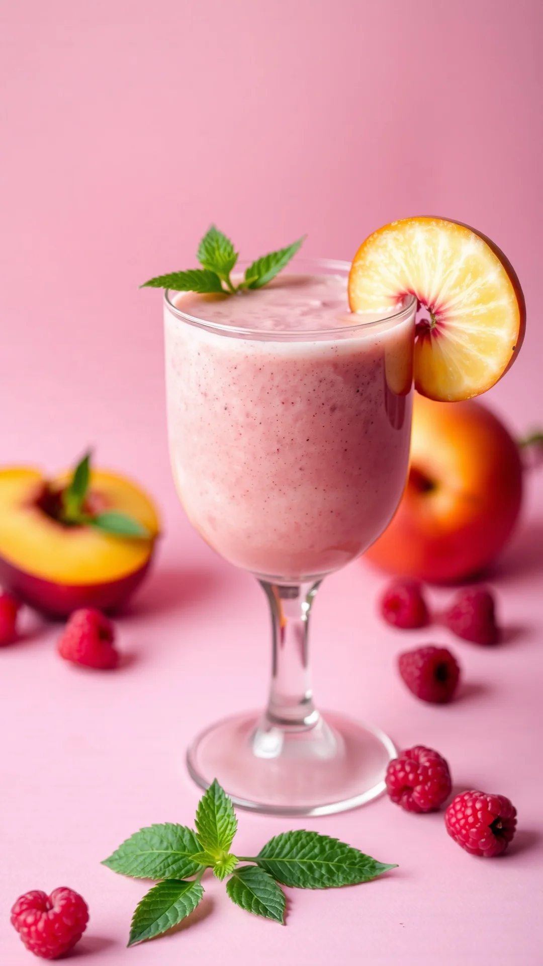 Close-up portrait of a rosy peach raspberry hibiscus smoothie in a elegant glass, fresh raspberries and peach slice garnish,