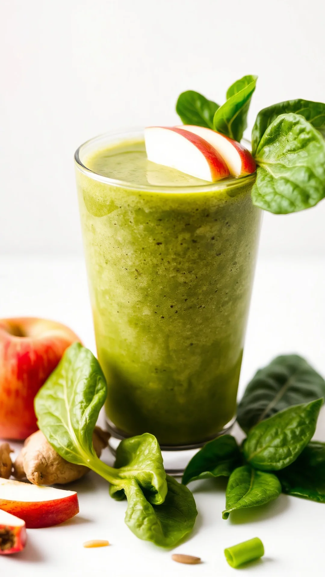 Close-up portrait of a vibrant green spinach apple ginger smoothie in a glass, fresh spinach leaves and apple slices garnish,