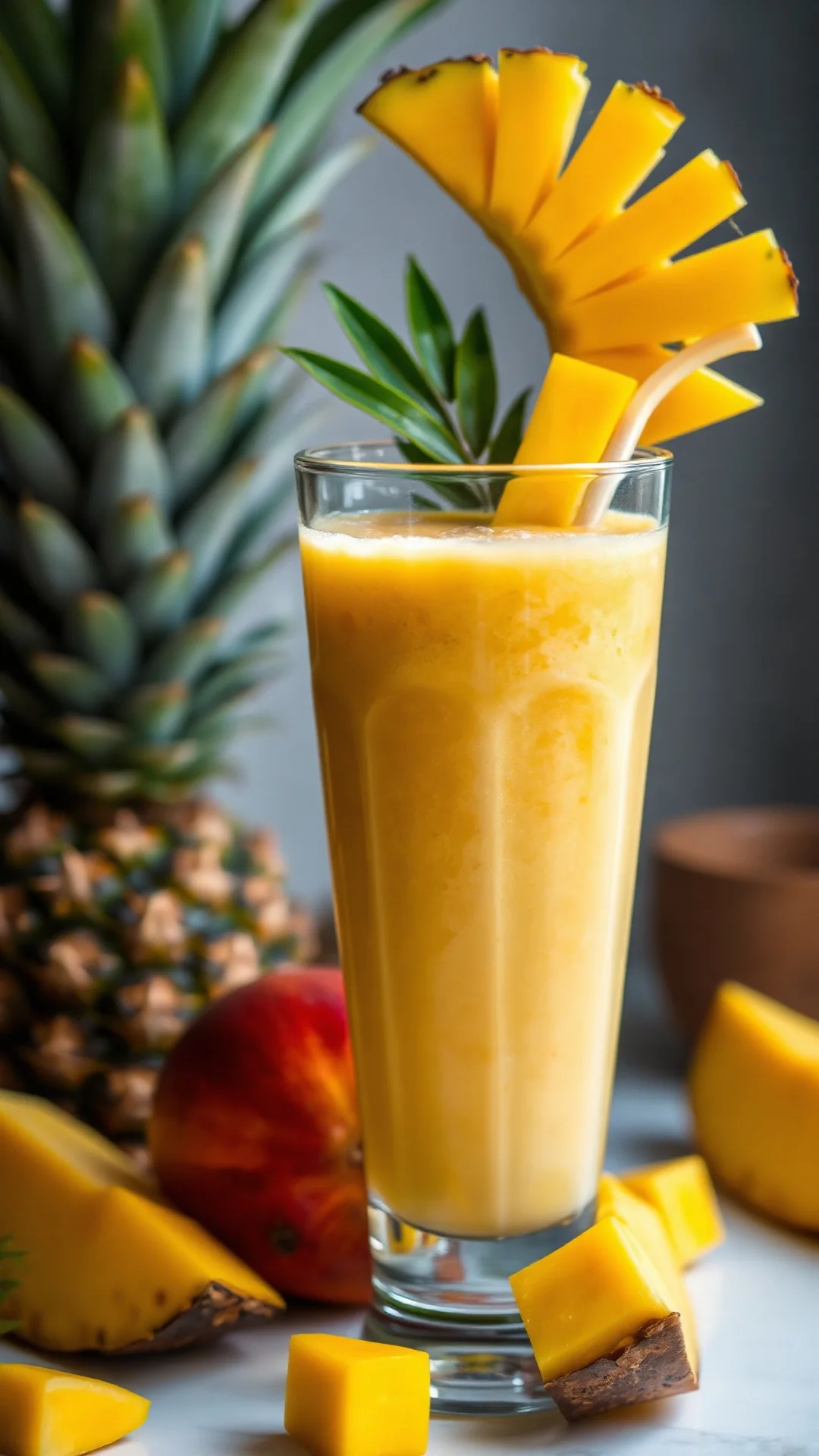 Close-up portrait of a vibrant mango pineapple coconut smoothie in a tall glass, tropical fruits garnish, golden yellow color