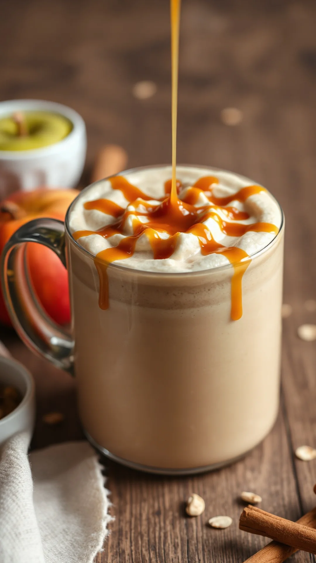 Close-up portrait of a warm beige oat cinnamon apple caramel smoothie in a cozy mug, caramel drizzle on top, autumn wooden ta