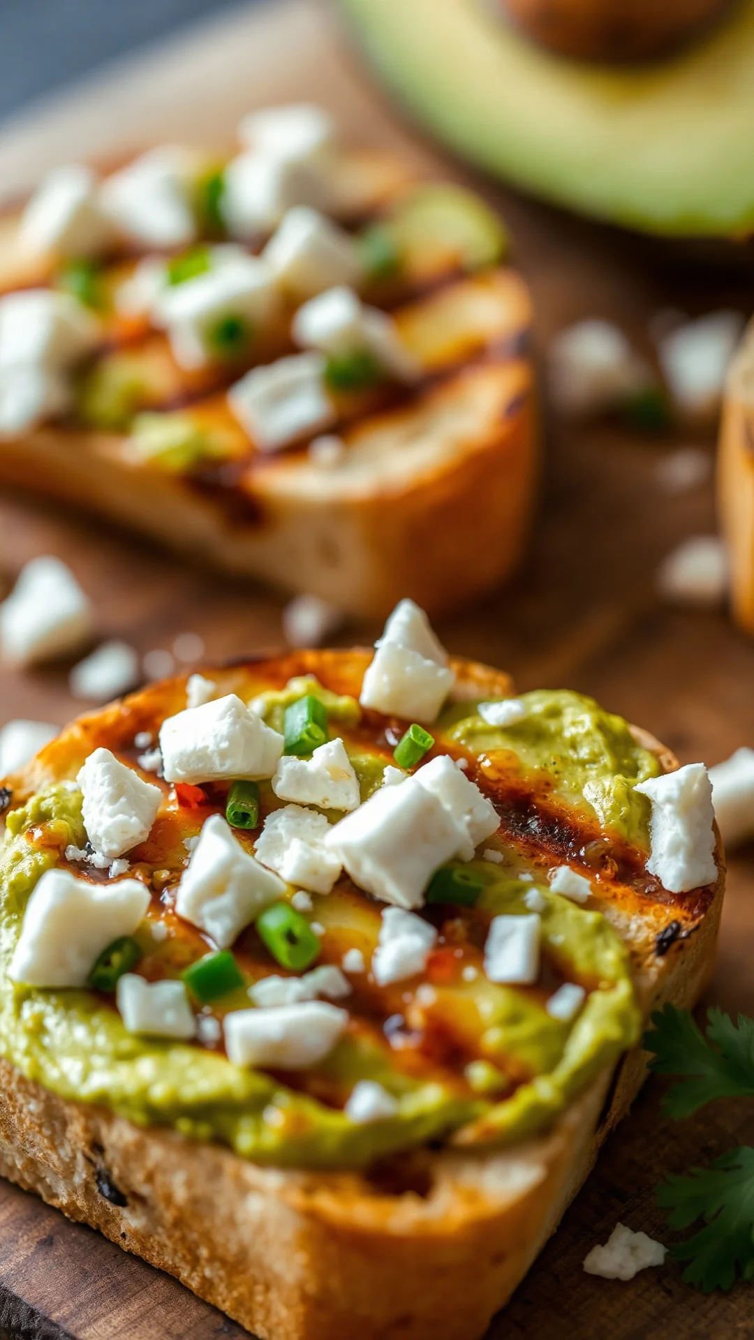 Close-up portrait of avocado and feta bruschetta on grilled ciabatta, creamy green spread, white cheese crumbles, fresh chive