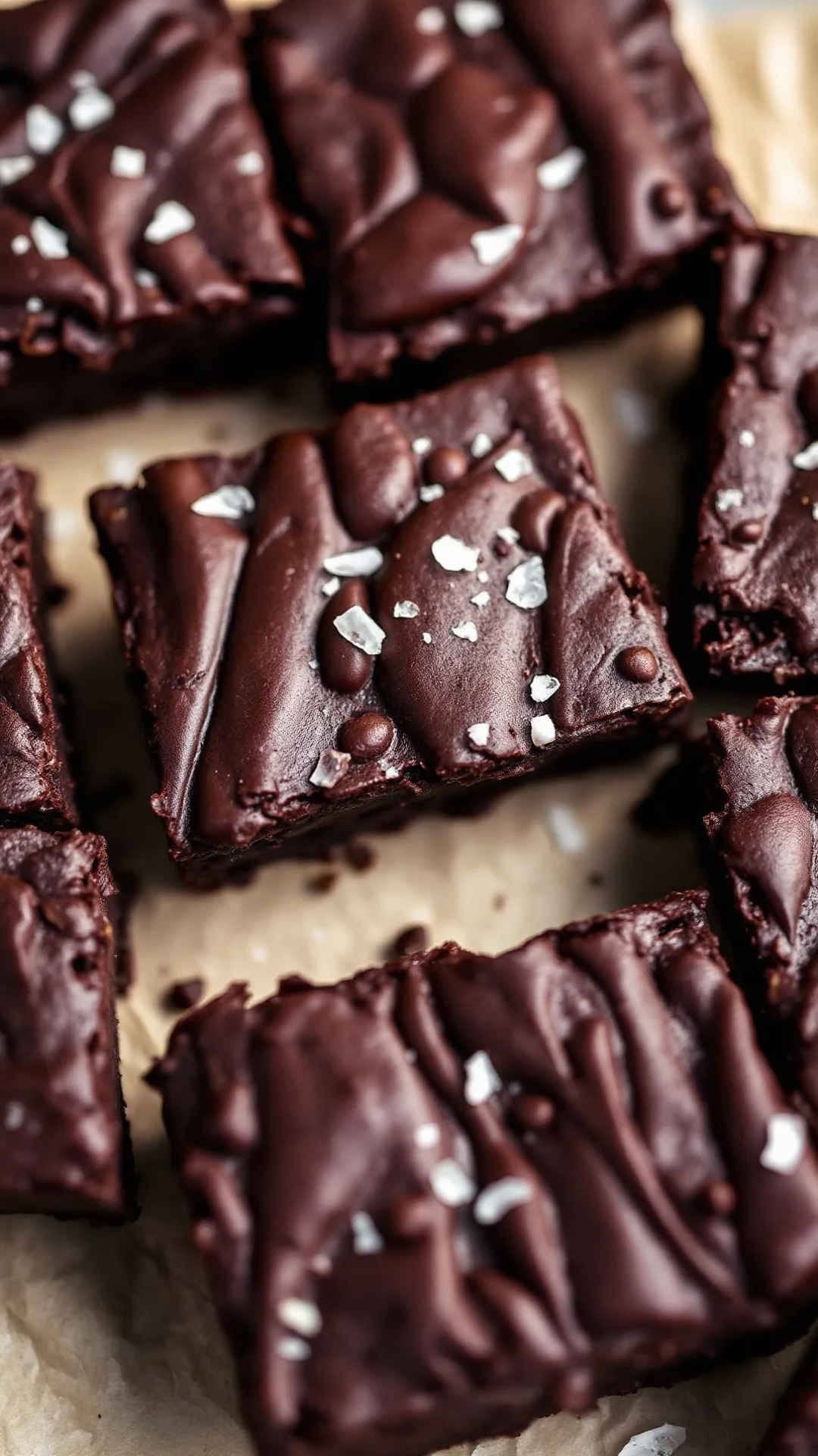 Close-up portrait of avocado chocolate brownies on parchment paper, rich dark color, dense fudgy texture, sprinkled sea salt,