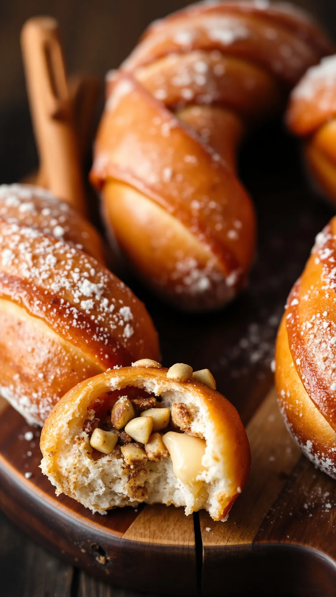 Close-up portrait of baked cinnamon cardamom donuts rolled in sugar spice coating on rustic wooden board, warm golden color,